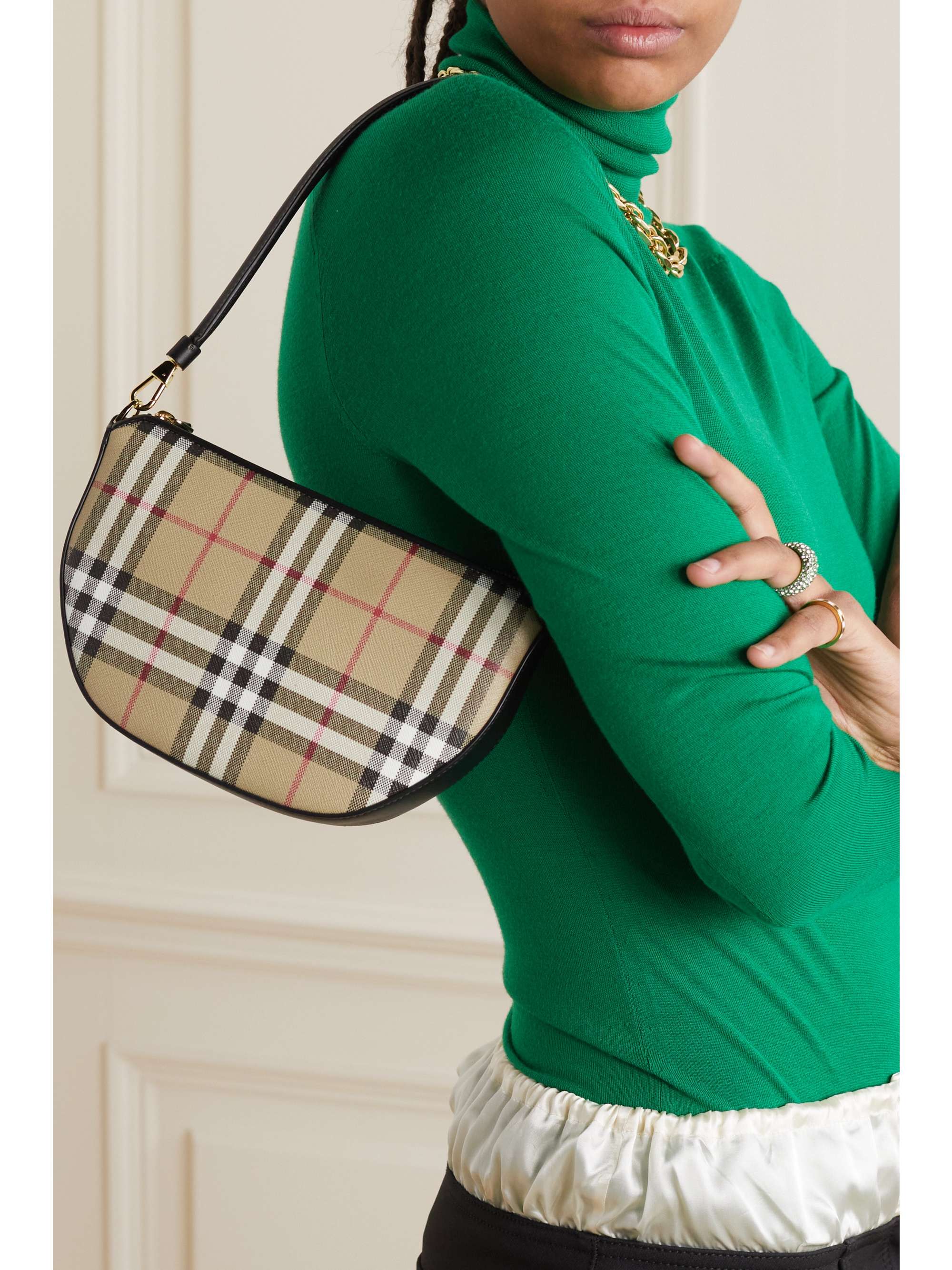 Beige Leathertrimmed checked canvas shoulder bag BURBERRY NETAPORTER