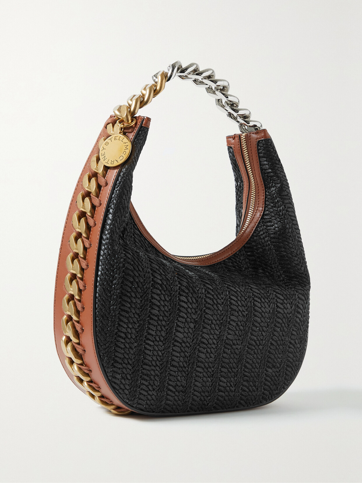 Stella McCartney - Frayme Chain And Vegetarian Leather-trimmed Raffia Shoulder Bag - Black