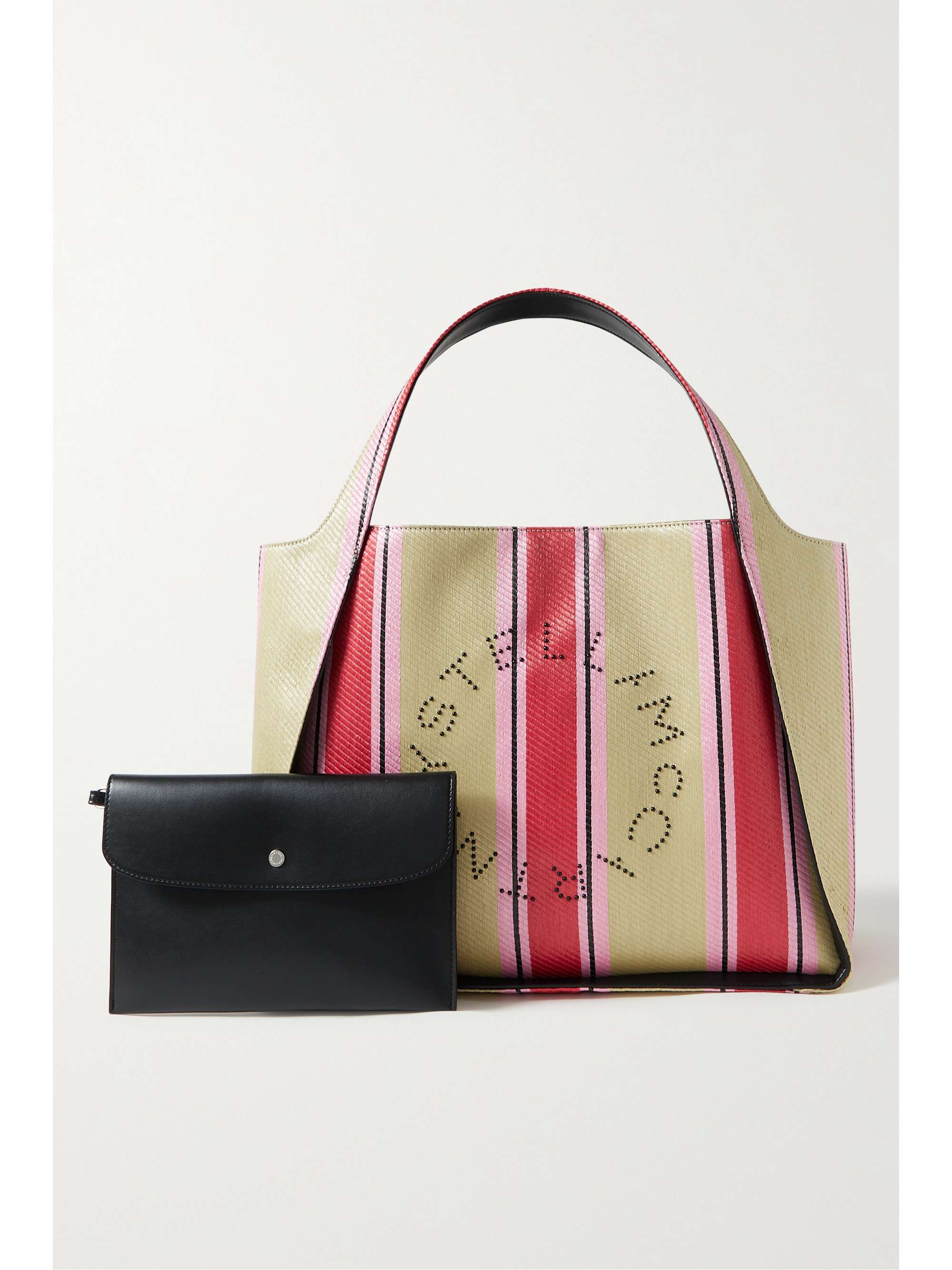 STELLA MCCARTNEY Vegetarian leather-trimmed studded striped raffia tote