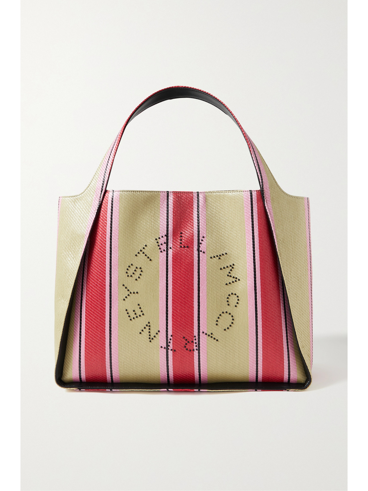 Stella McCartney - Vegetarian Leather-trimmed Studded Striped Raffia Tote - Pink