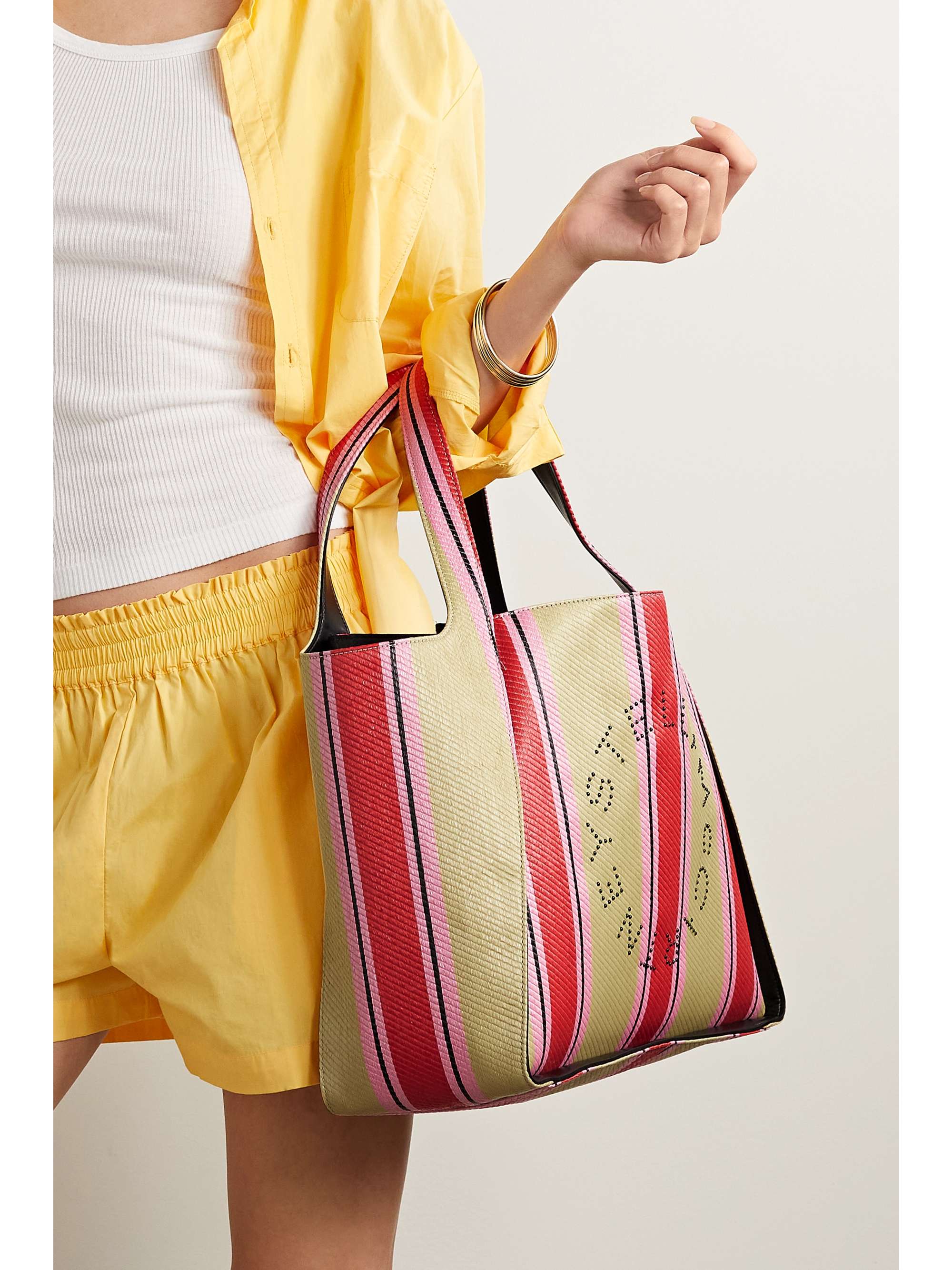 STELLA MCCARTNEY Vegetarian leather-trimmed studded striped raffia tote