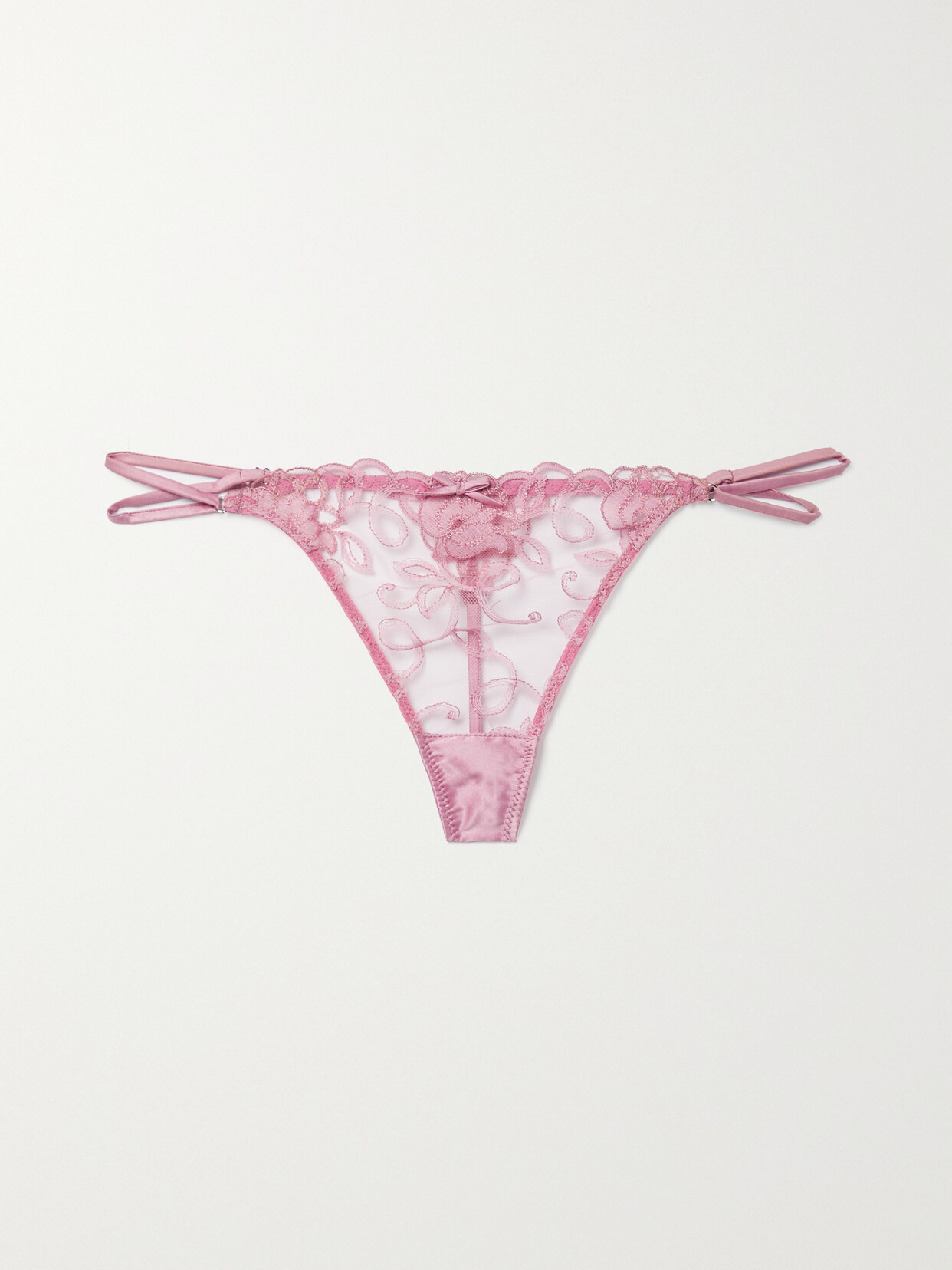 Fleur du Mal Bella Satin-trimmed Embroidered Stretch-tulle Thong - Pink