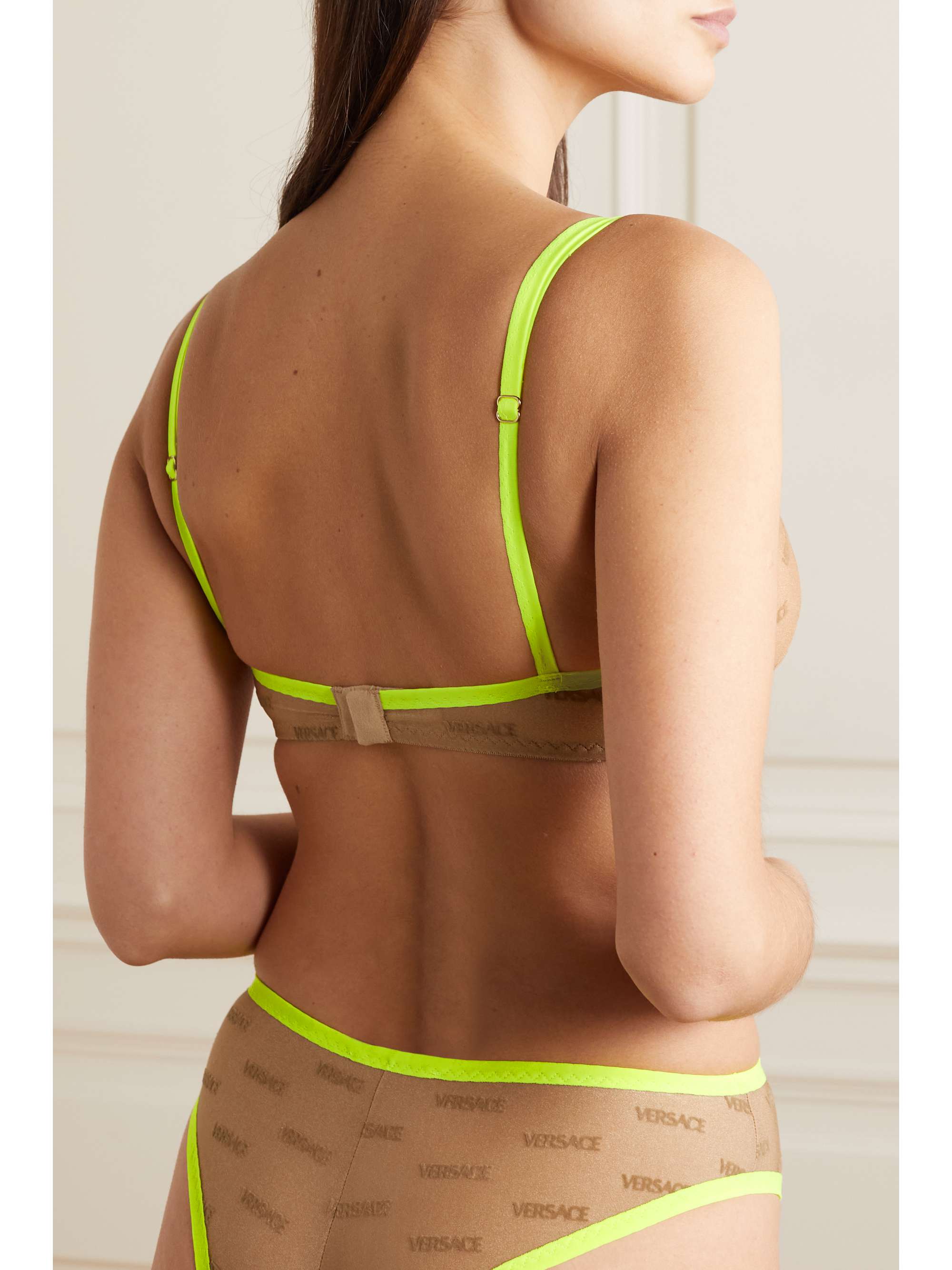 VERSACE Neon piped printed metallic stretch-mesh underwired bra