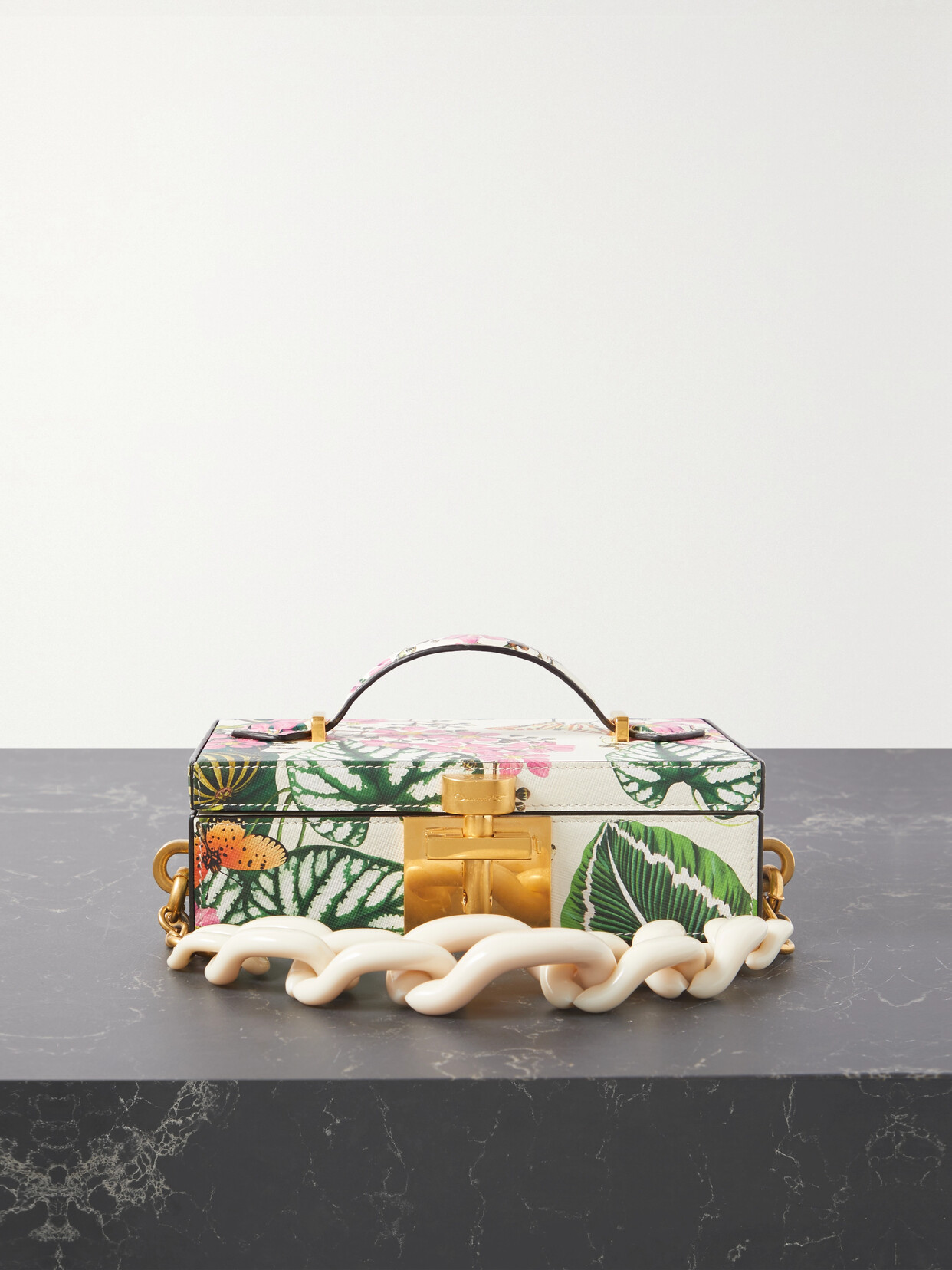 Oscar De La Renta Alibi Floral-print Textured-leather Clutch In Ivory