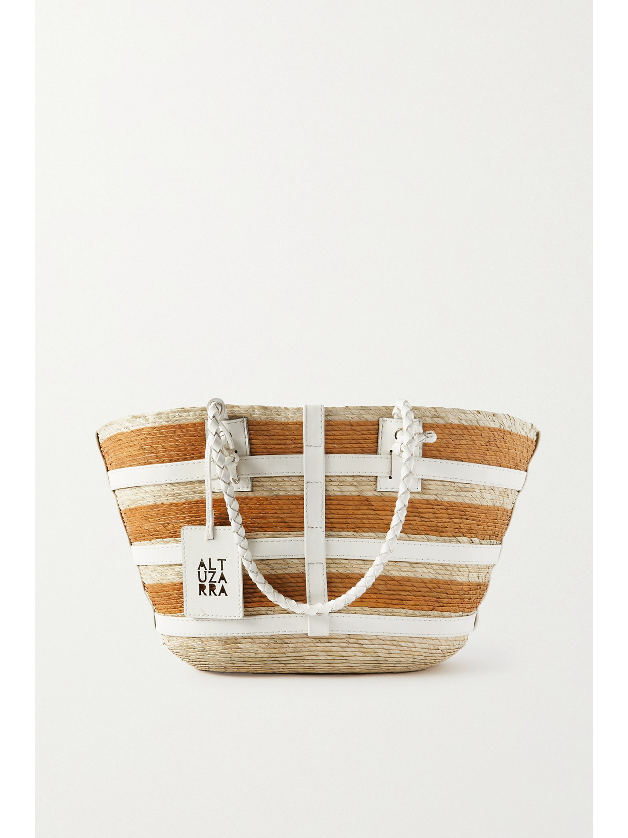 ALTUZARRA WATERMILL SMALL LEATHER-TRIMMED STRIPED RAFFIA TOTE