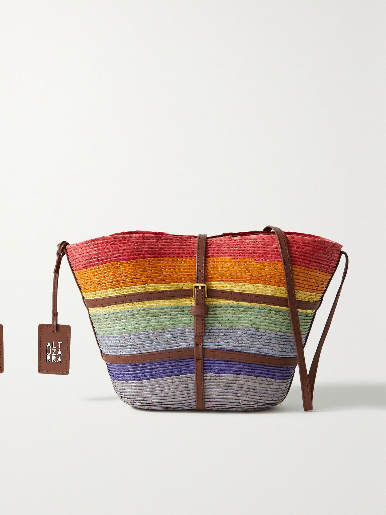 ALTUZARRA WATERMILL LEATHER-TRIMMED STRIPED RAFFIA SHOULDER BAG