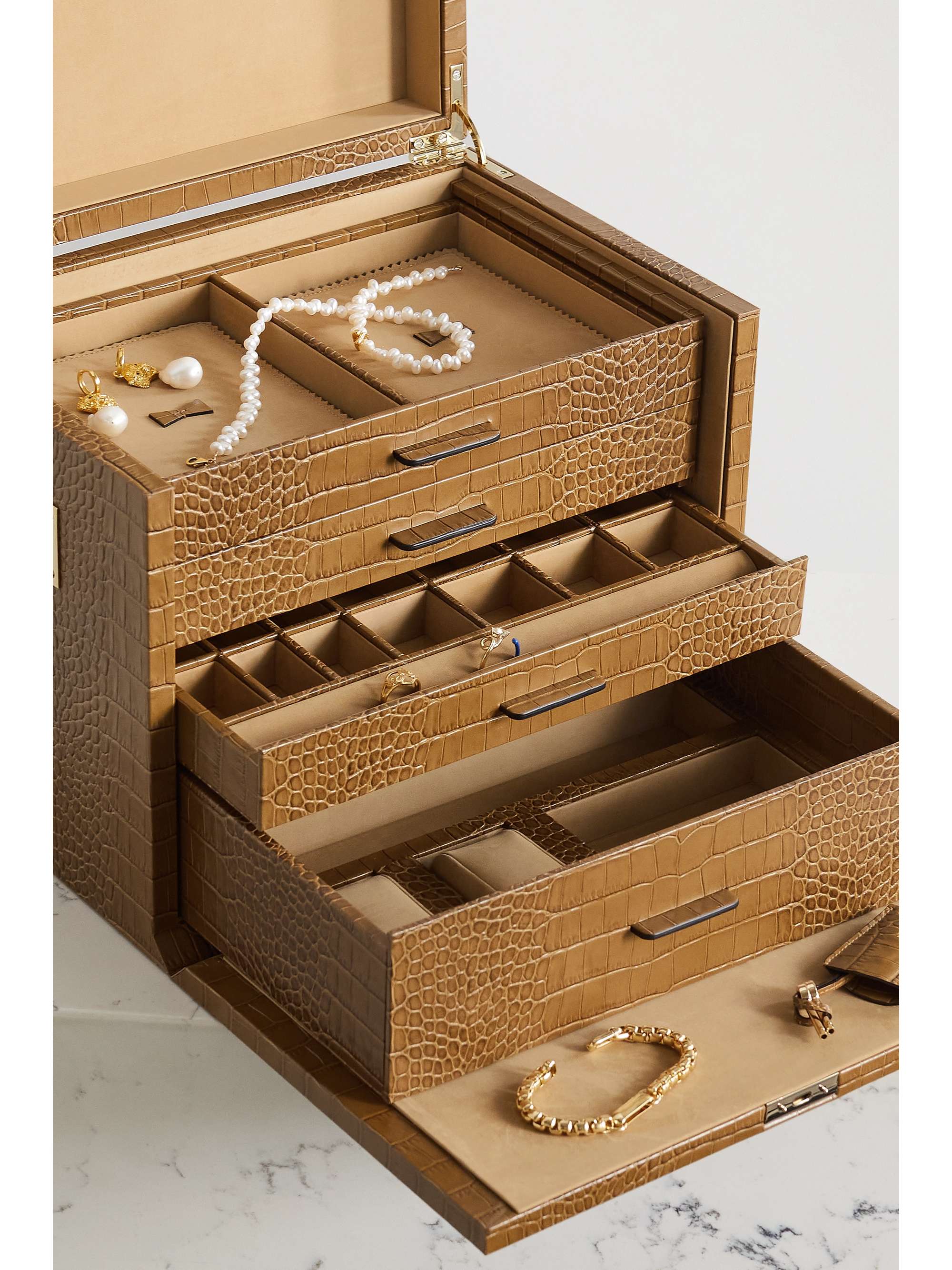SMYTHSON Boîte à bijoux en cuir effet croco Deluxe Mara