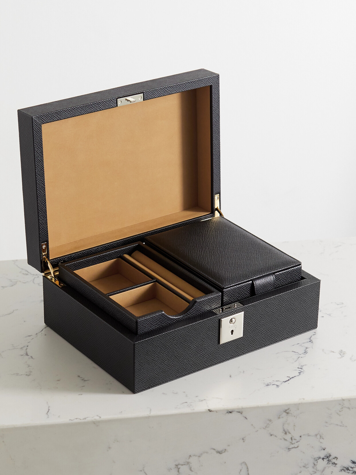 Smythson - Panama Textured-leather Jewelry Box And Travel Tray - Black