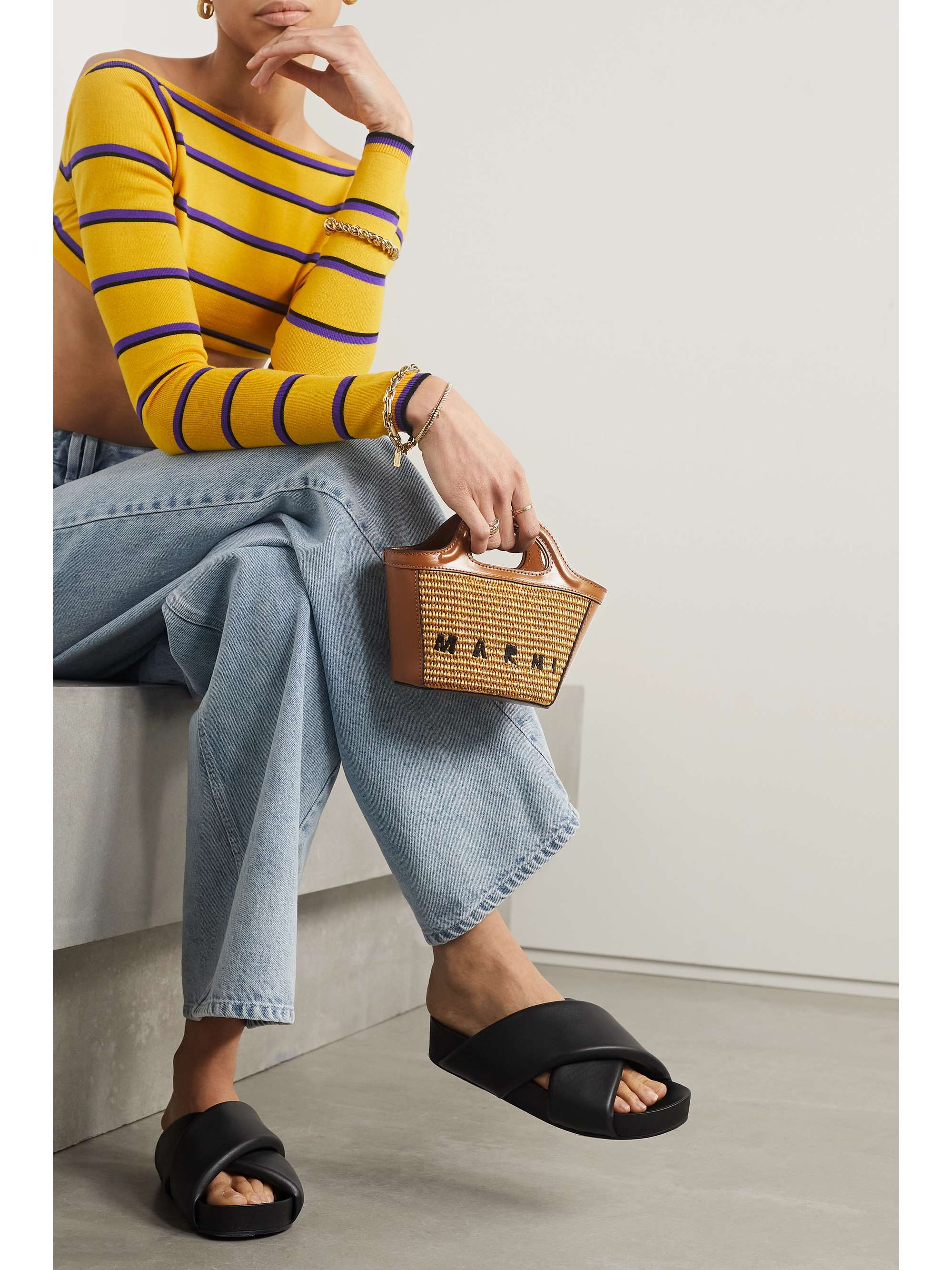 Tropicalia micro embroidered raffia and leather tote