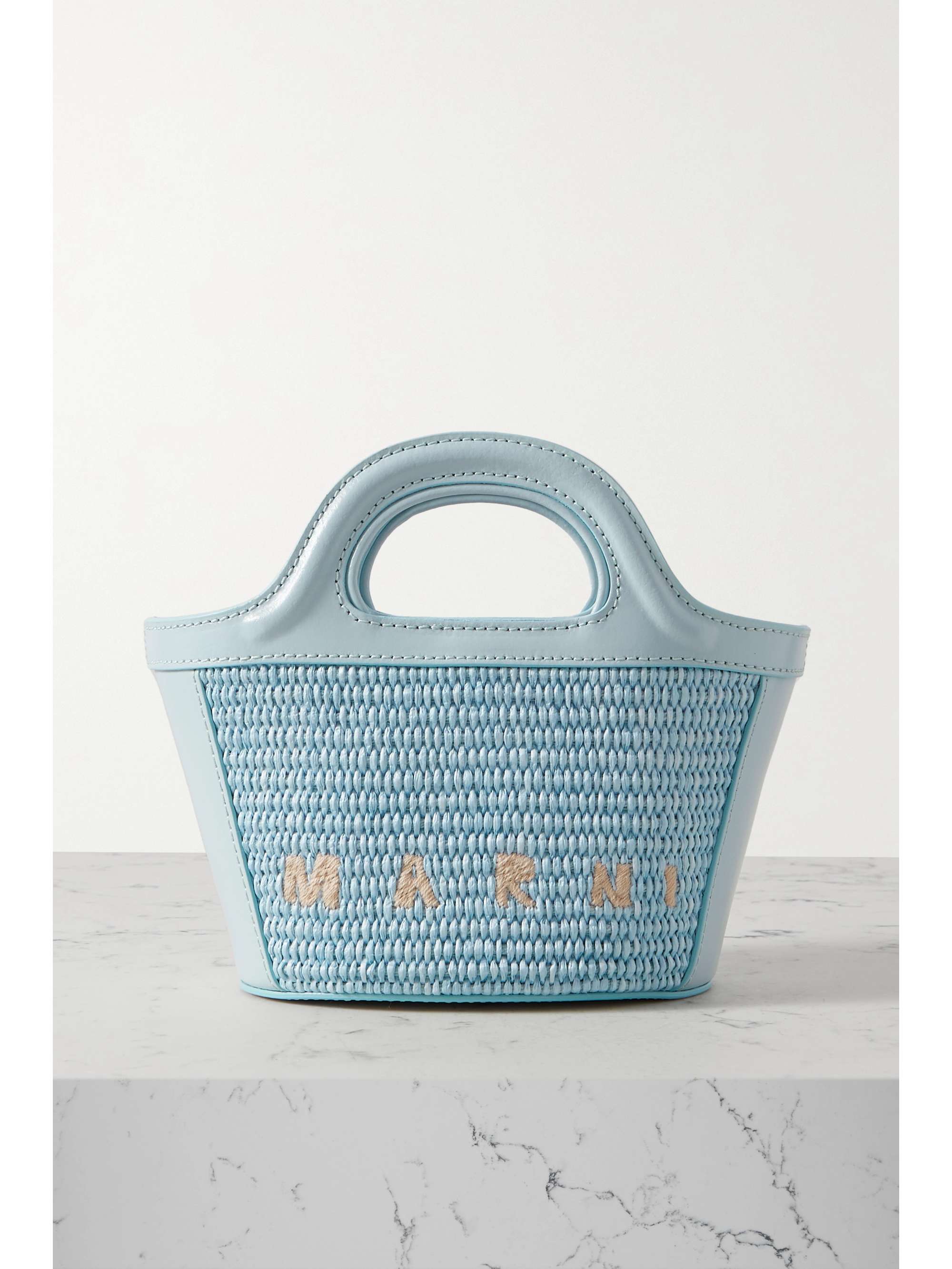 Tropicalia micro embroidered raffia and leather tote