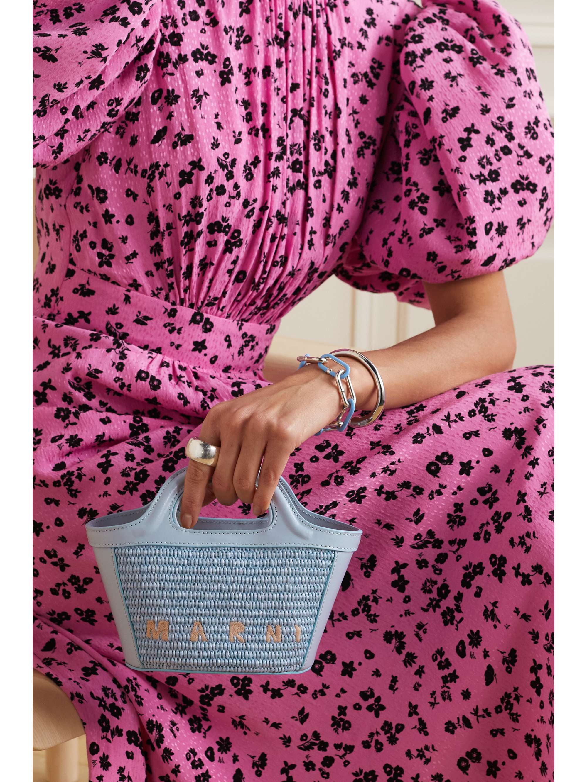 Tropicalia micro embroidered raffia and leather tote
