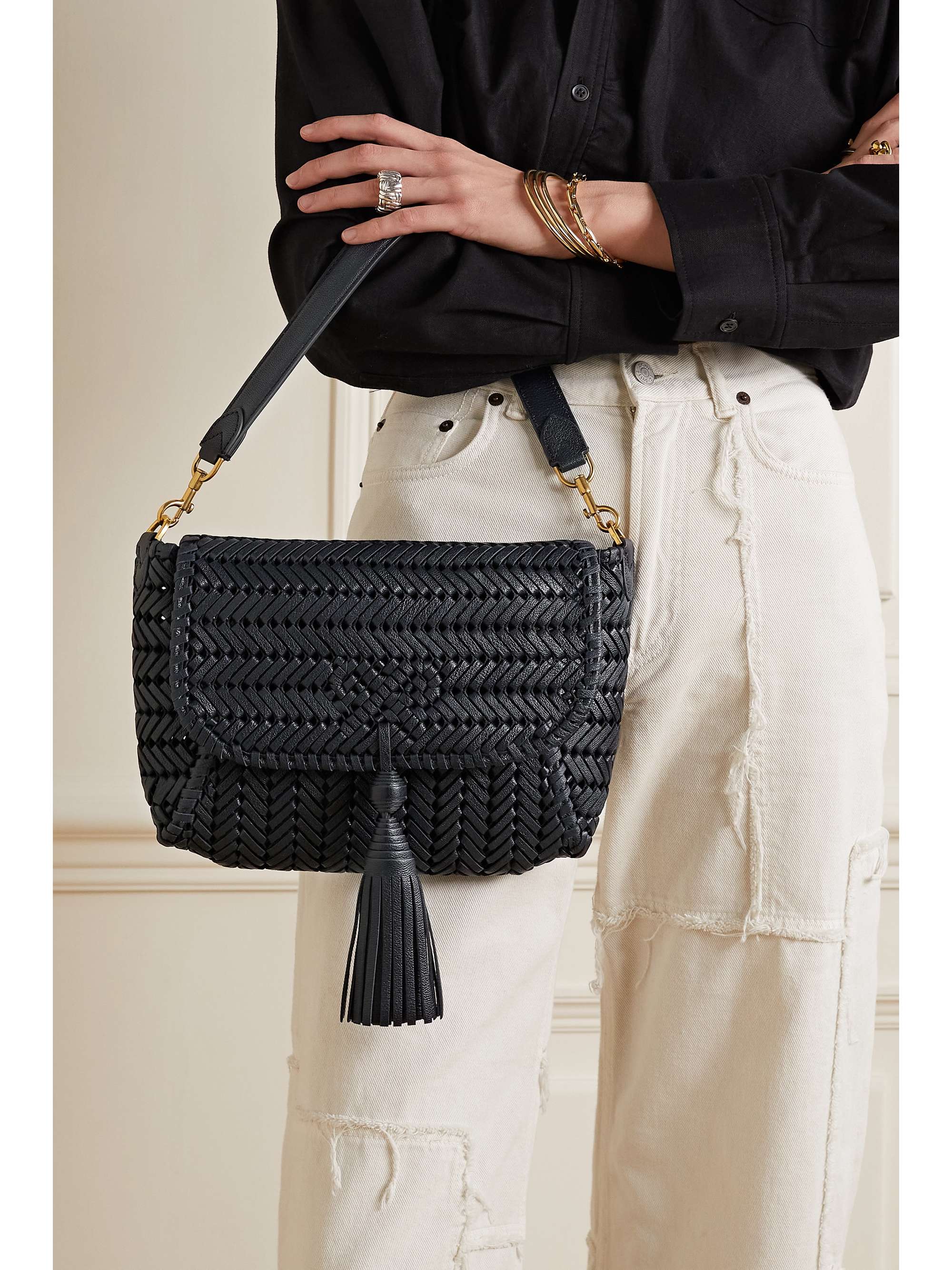 ANYA HINDMARCH The Neeson tasseled woven texturedleather shoulder bag