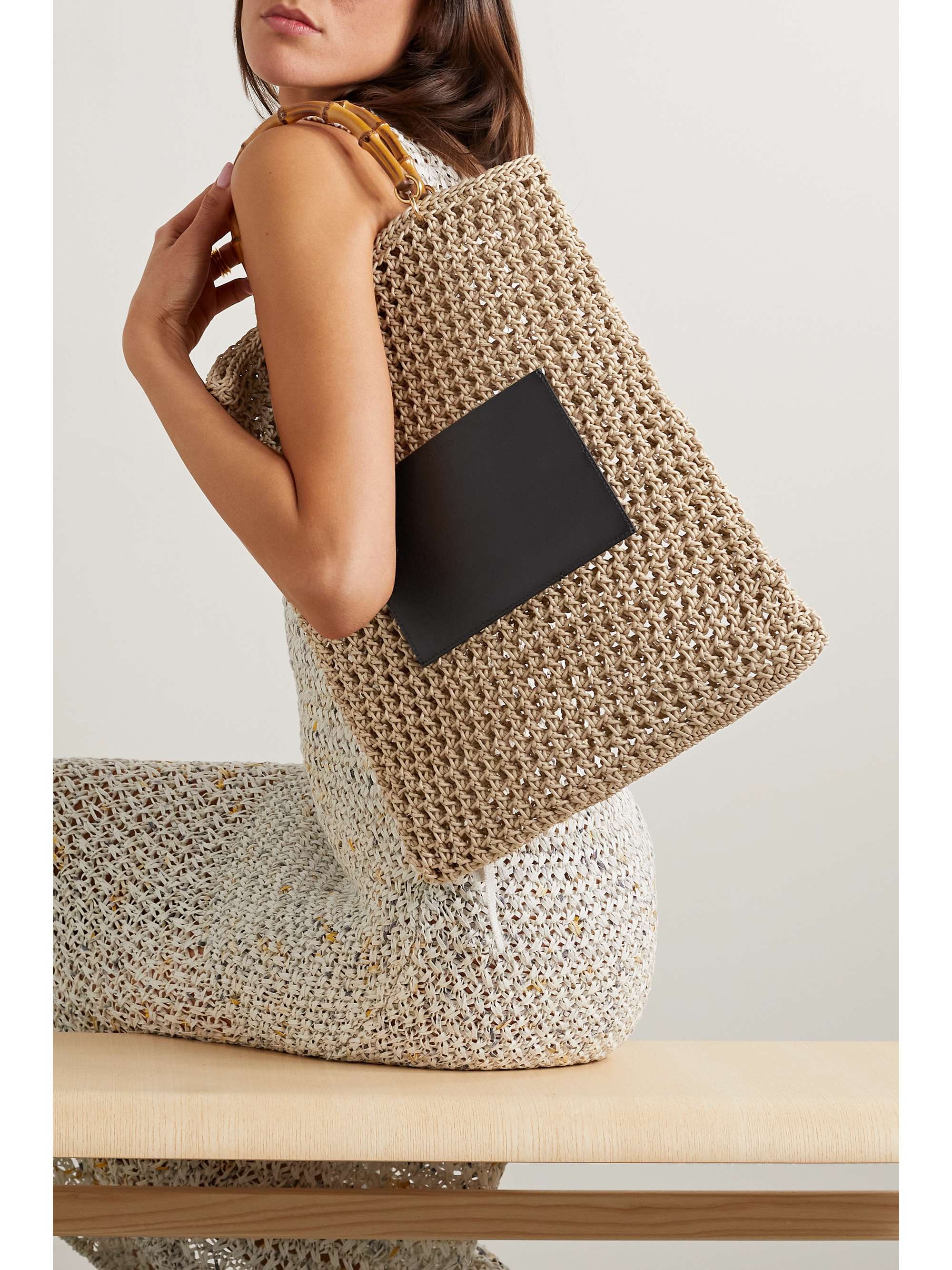 JIL SANDER Leather-trimmed crocheted rope tote