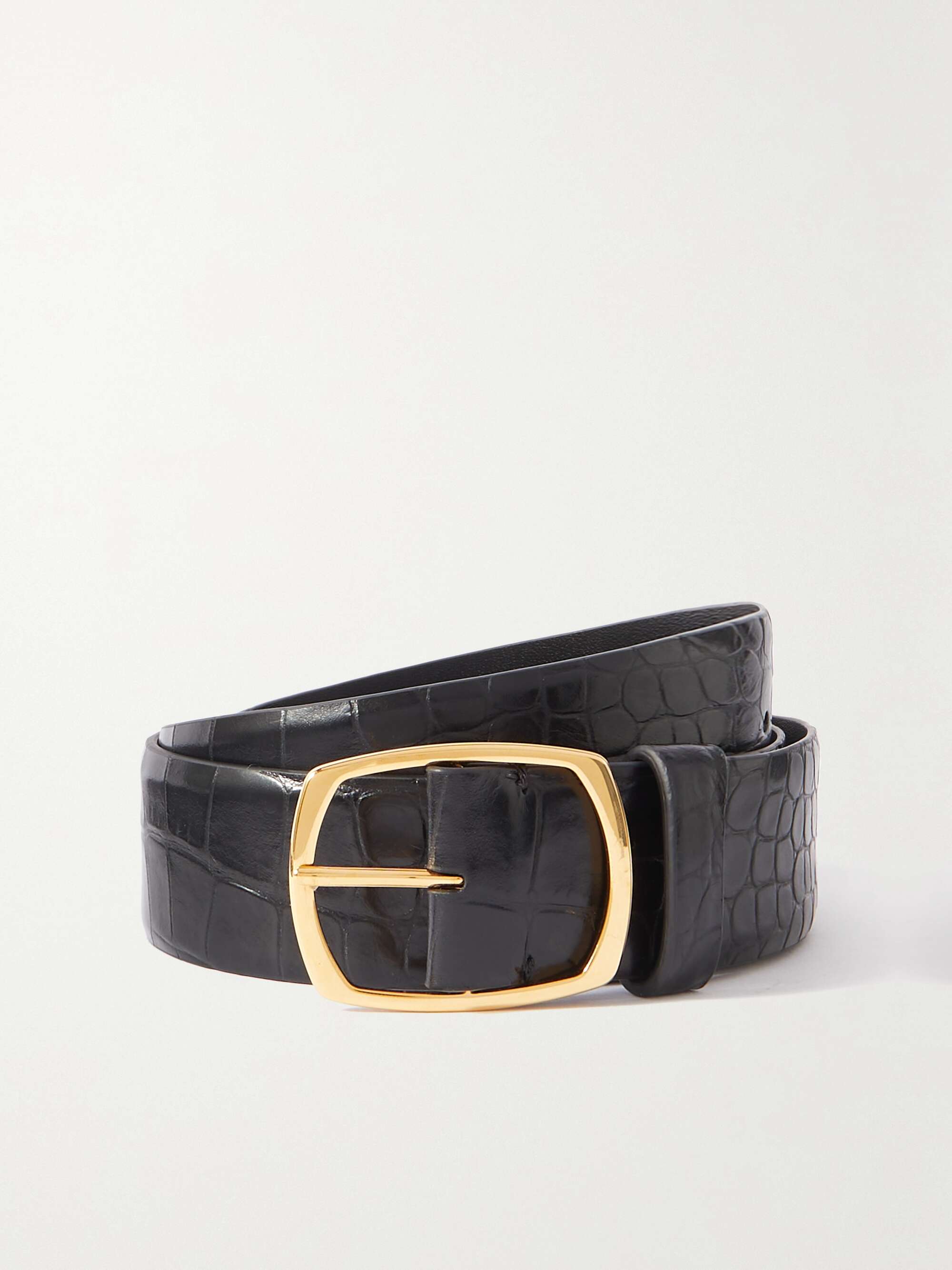 Oval croc-effect leather belt
