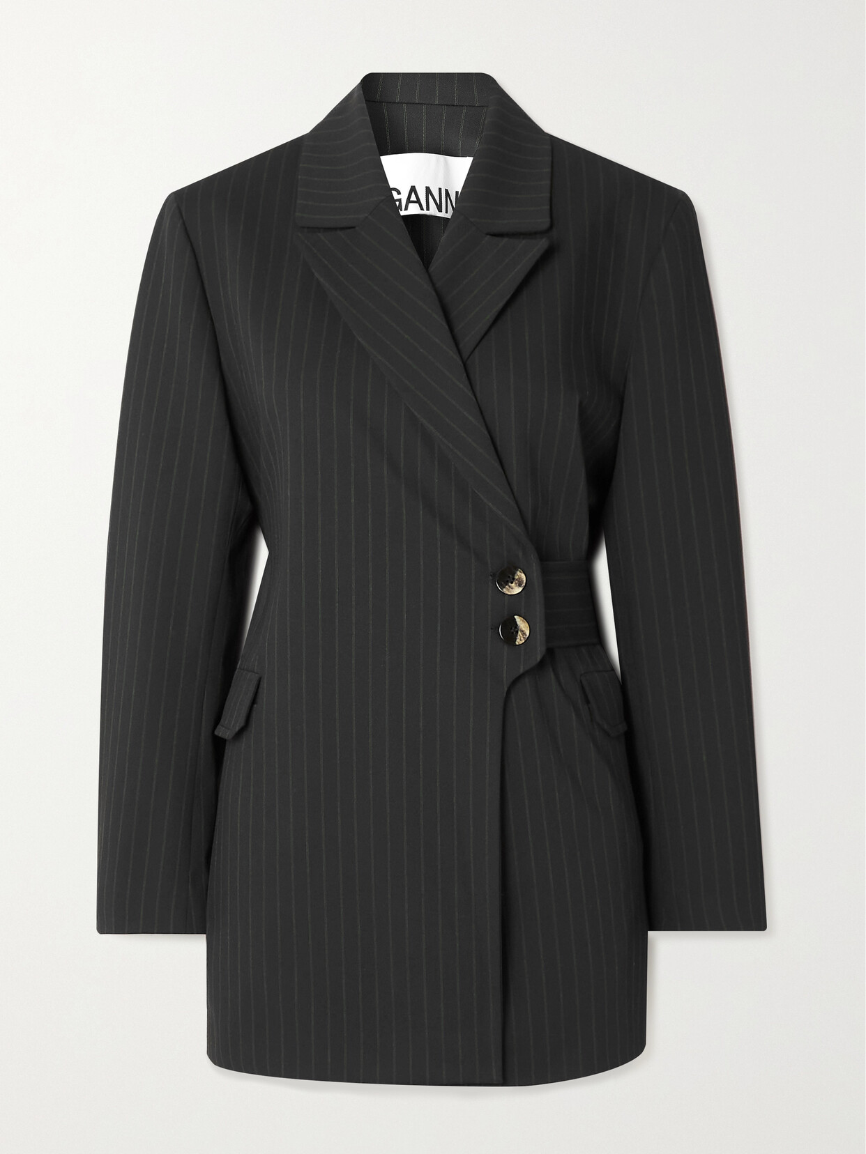 GANNI + NET SUSTAIN BELTED STRIPED RECYCLED-CREPE BLAZER