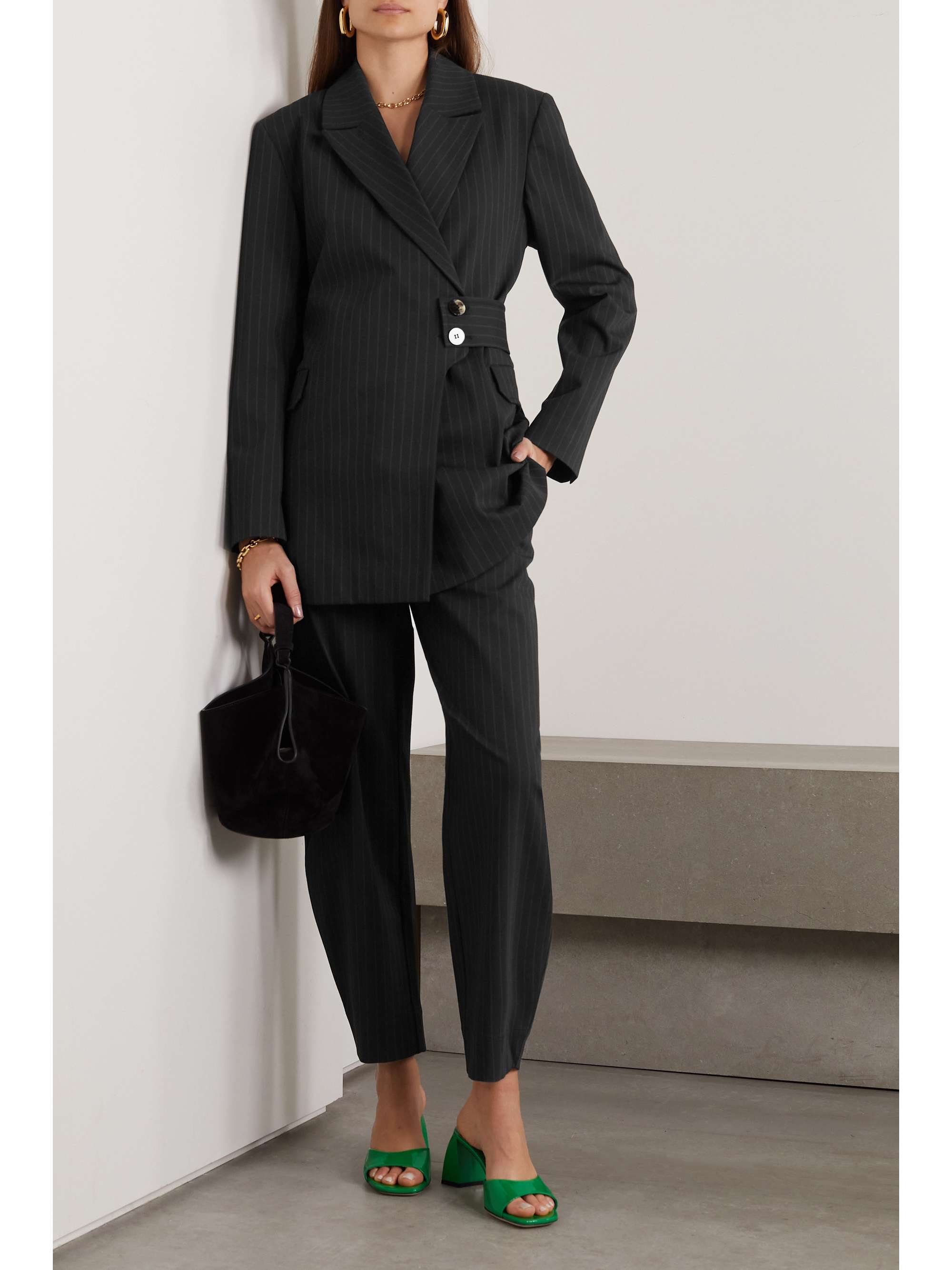 GANNI + NET SUSTAIN belted striped recycled-crepe blazer