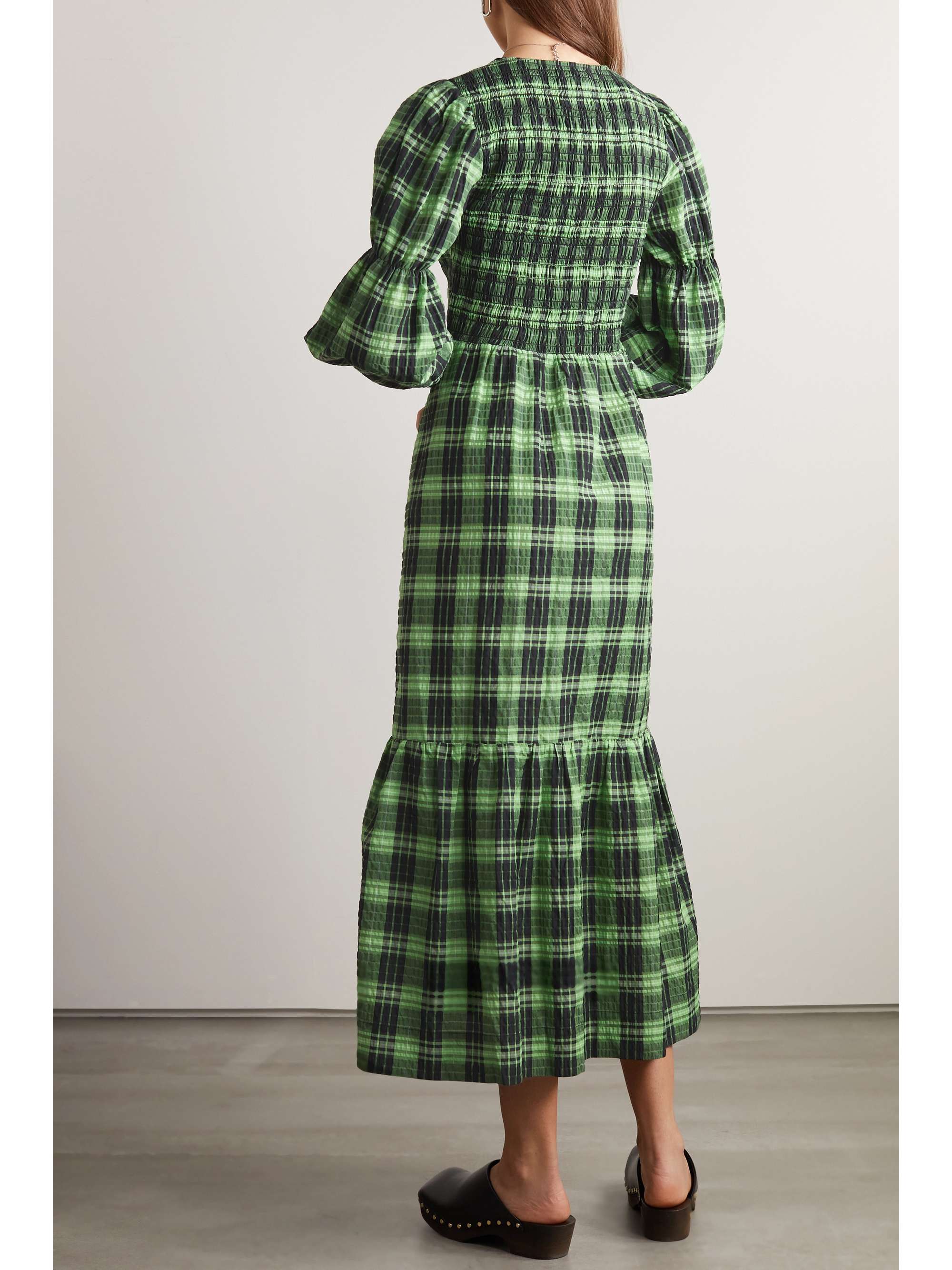 GANNI + NET SUSTAIN tiered checked seersucker midi dress