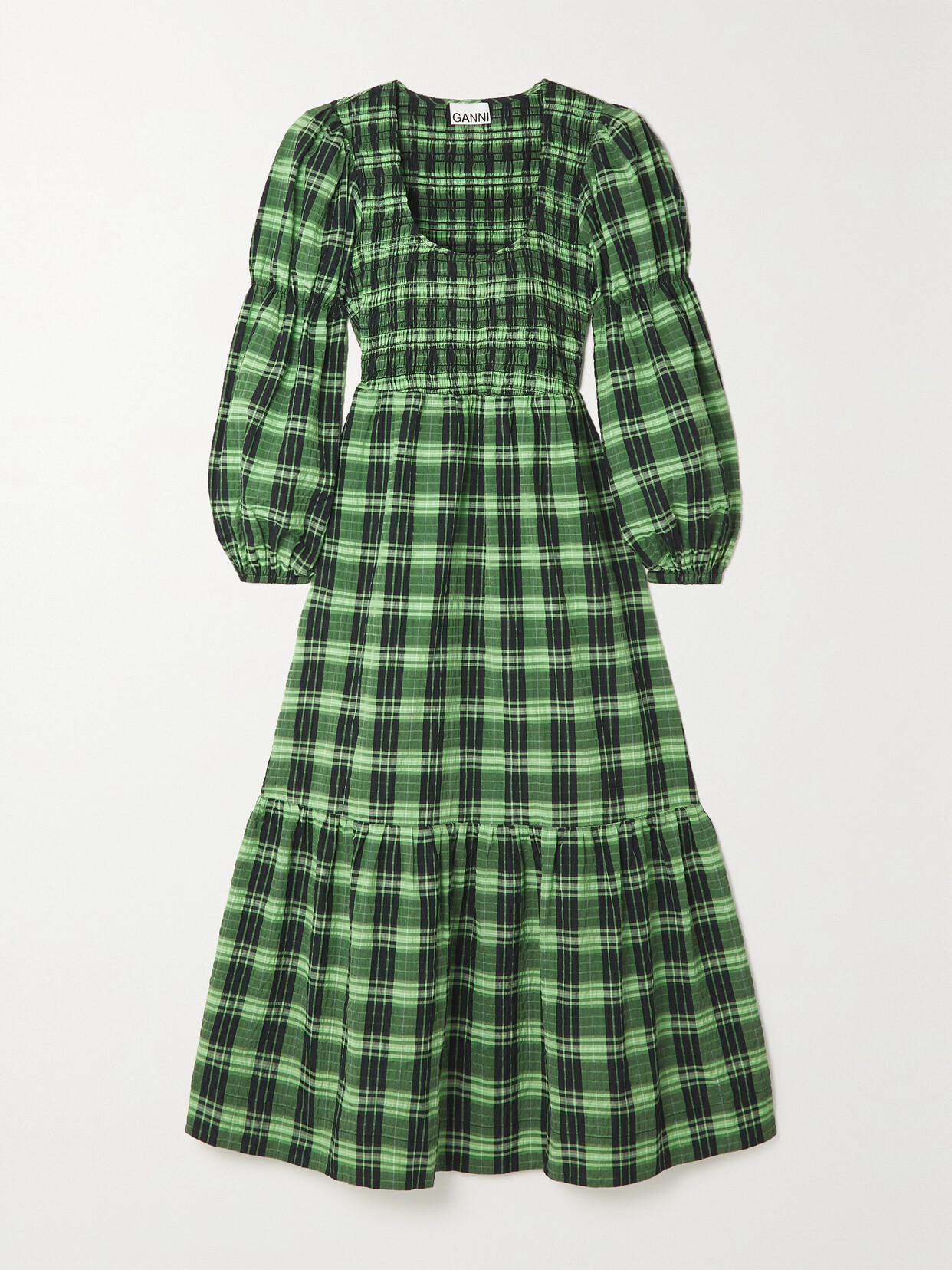 GANNI - + Net Sustain Tiered Checked Seersucker Midi Dress - Green