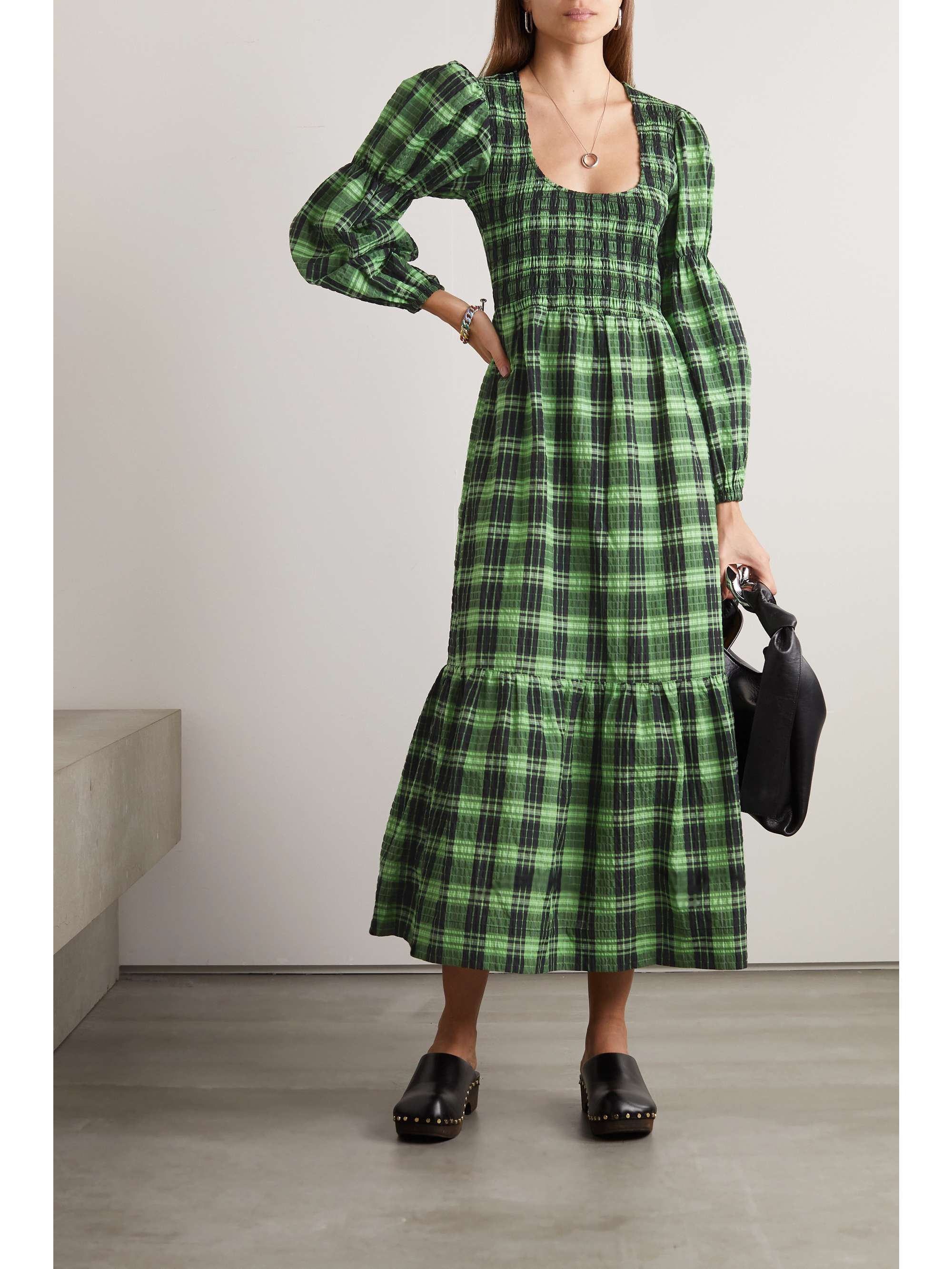 GANNI + NET SUSTAIN tiered checked seersucker midi dress