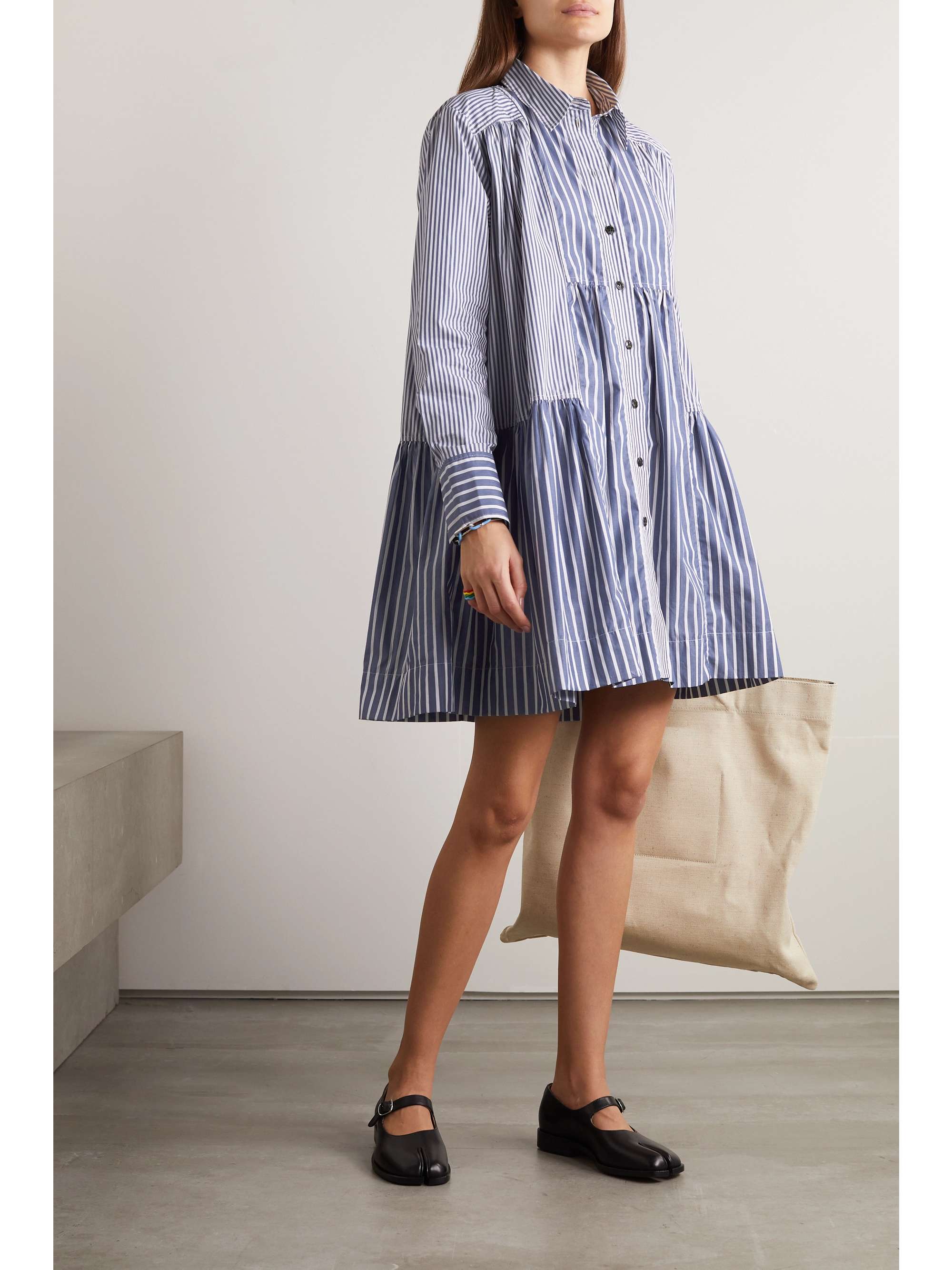 GANNI + NET SUSTAIN Striped organic cotton-poplin mini shirt dress