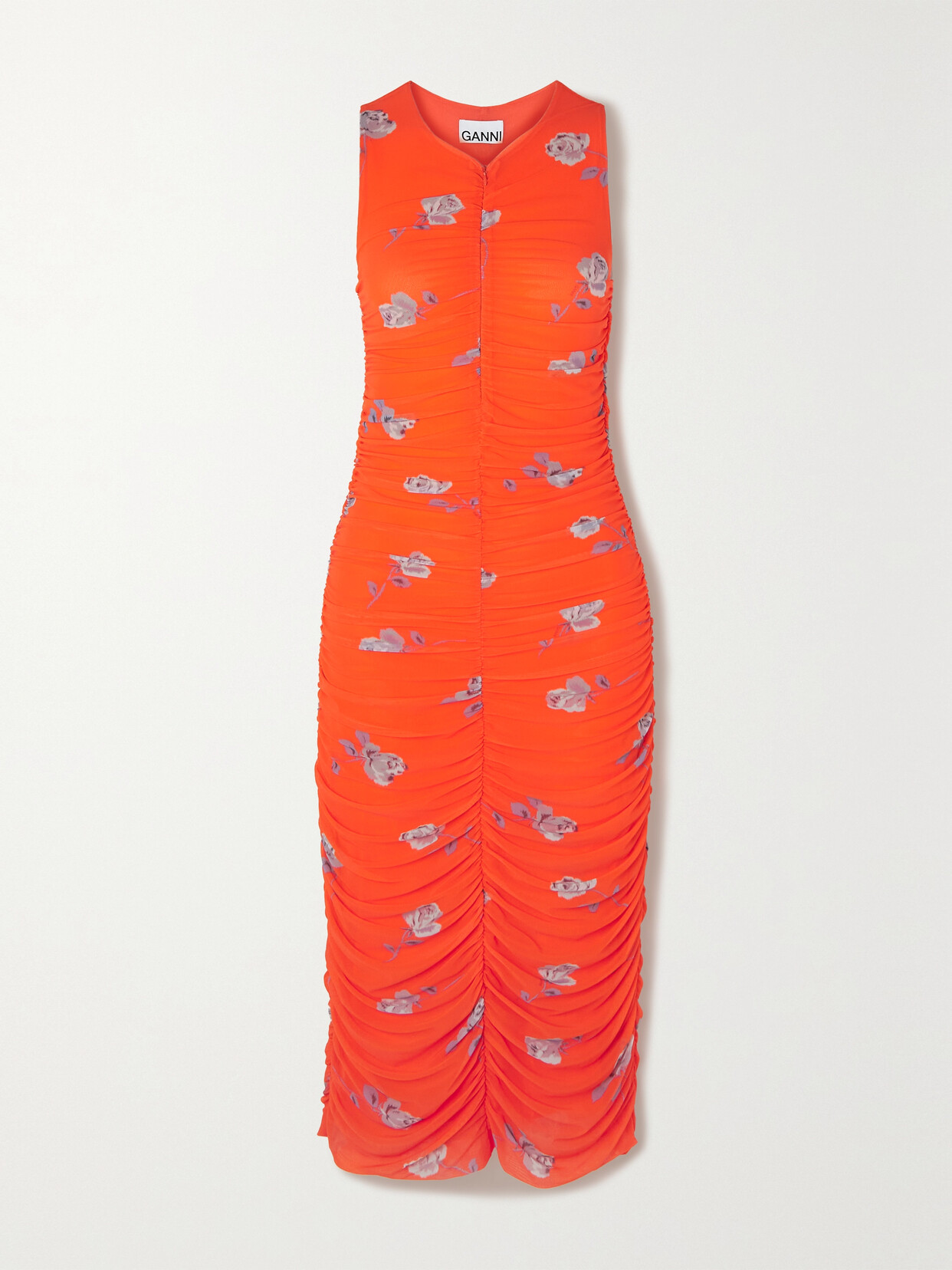 GANNI - + Net Sustain Ruched Floral-print Stretch Recycled-mesh Dress - Orange