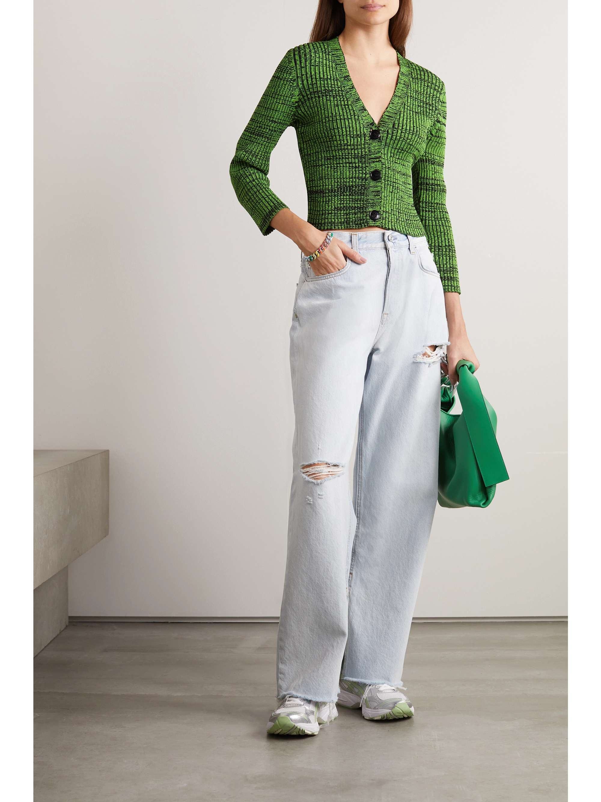 GANNI + NET SUSTAIN cropped mélange knitted cardigan