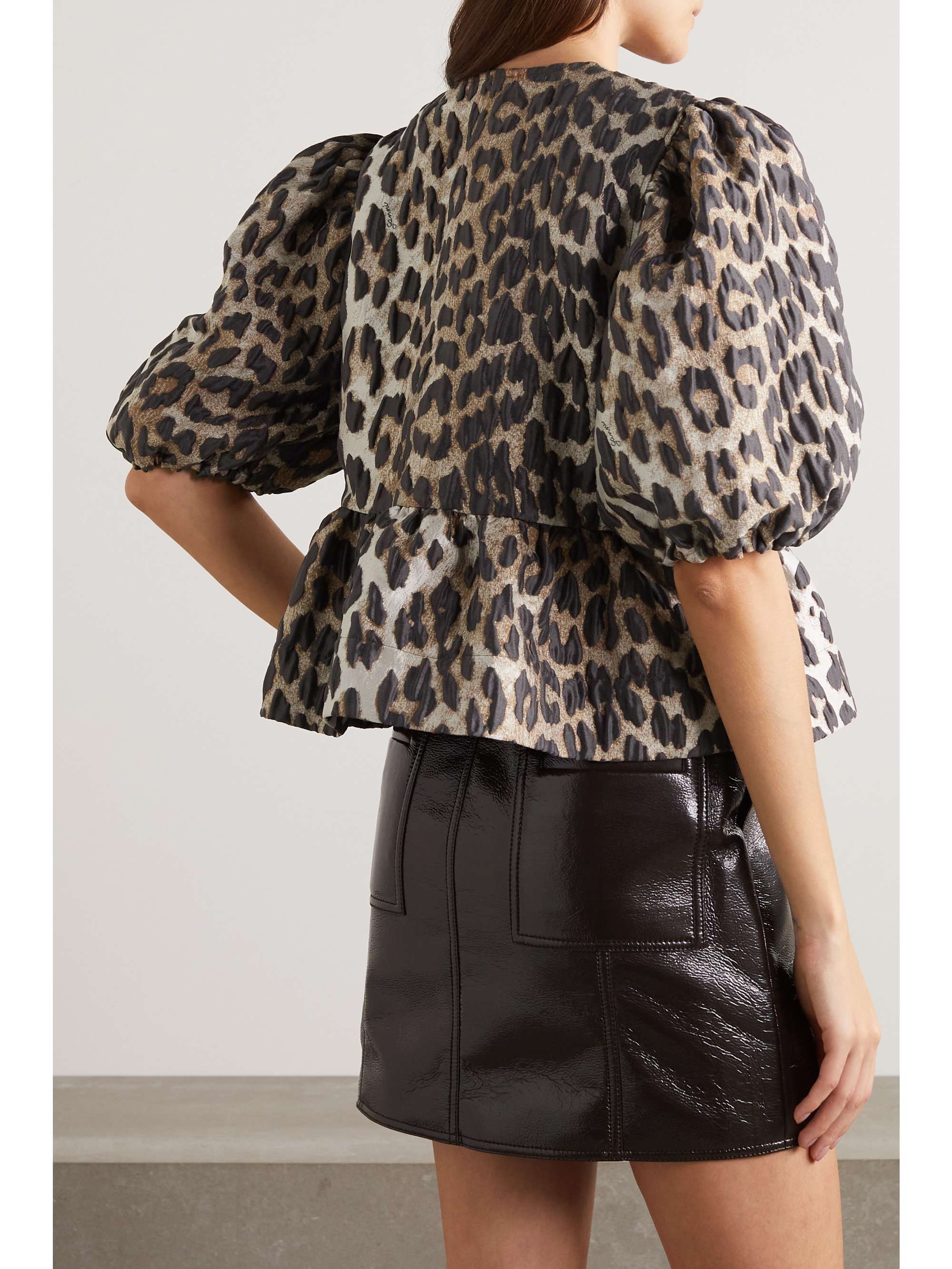 GANNI + NET SUSTAIN bow-detailed recycled leopard-jacquard blouse