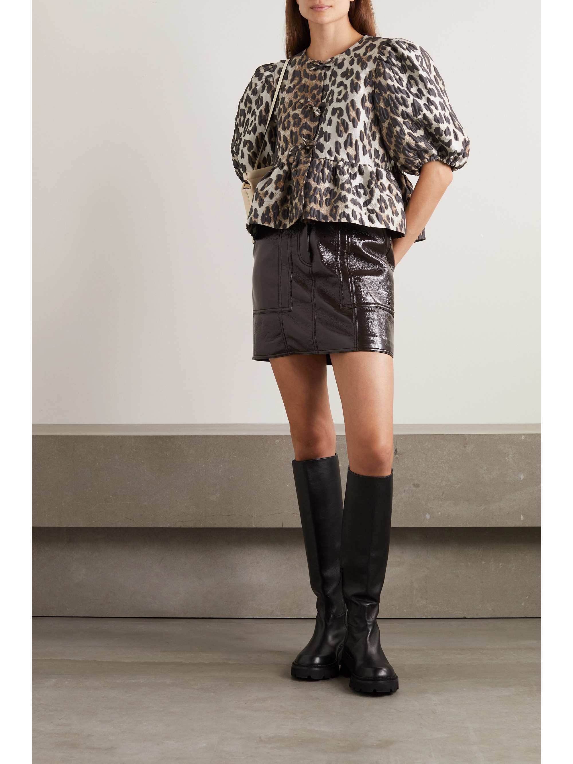 GANNI + NET SUSTAIN bow-detailed recycled leopard-jacquard blouse