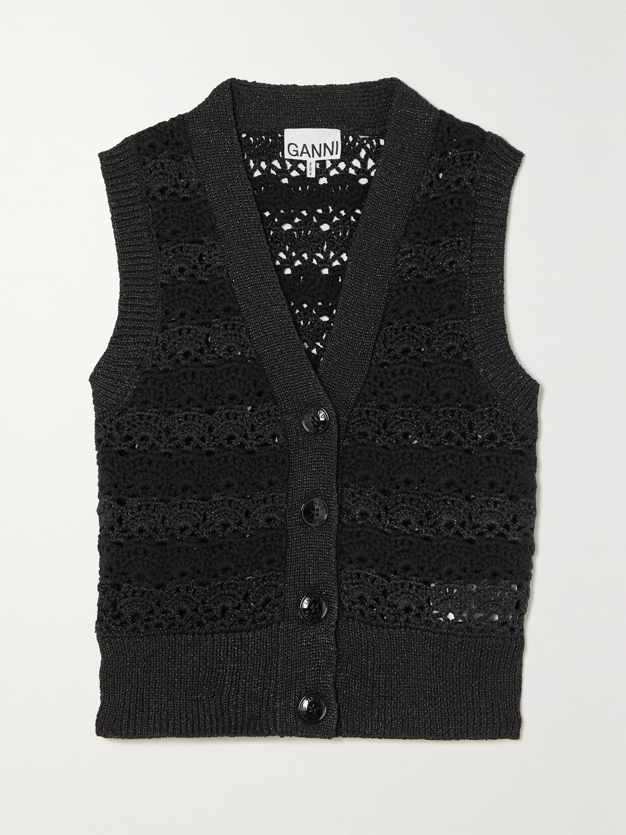 GANNI - Metallic Crochet-knit Vest - Black