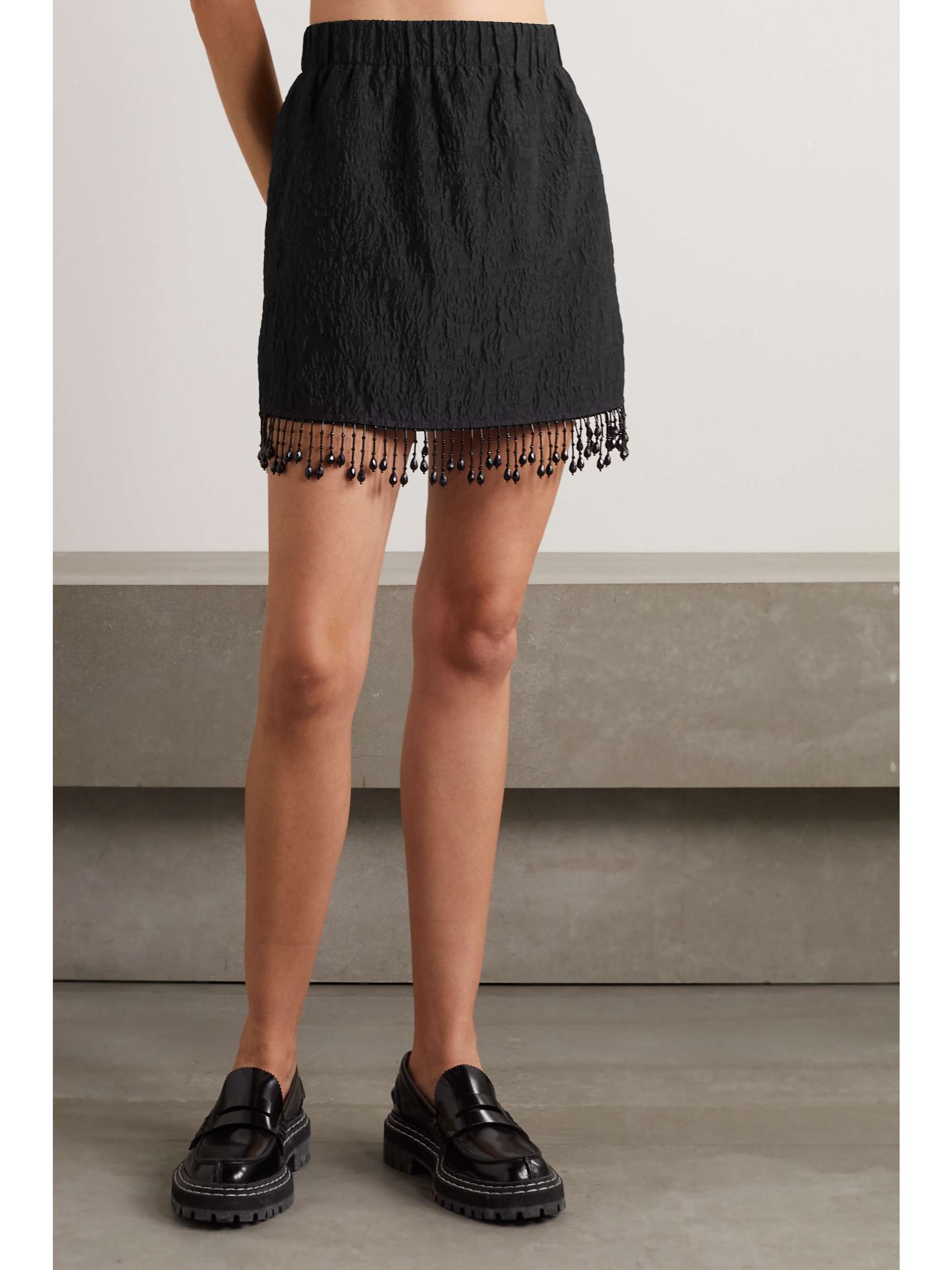 GANNI + NET SUSTAIN bead-embellished fringed recycled-cloqué mini skirt