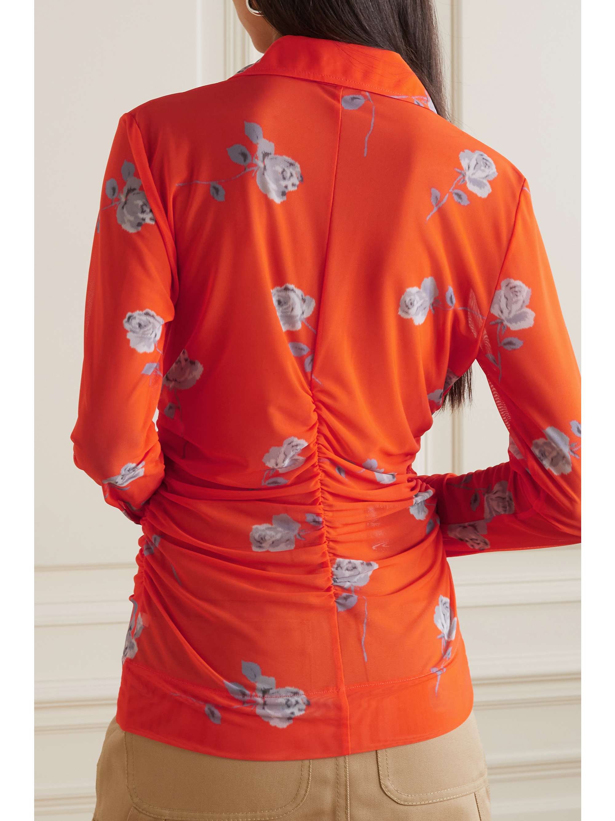 GANNI + NET SUSTAIN ruched floral-print stretch recycled-mesh shirt