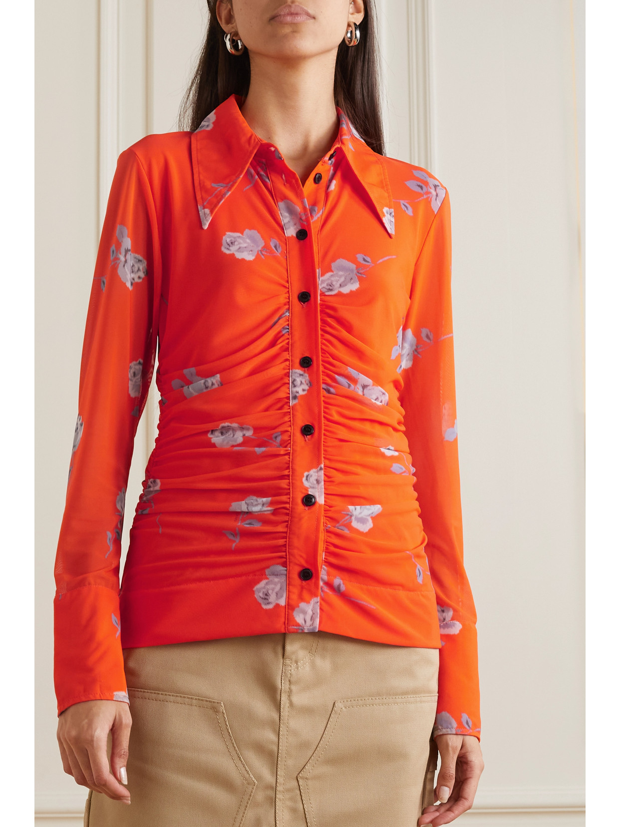 Ruched Button-front Floral Mesh Shirt In Orange