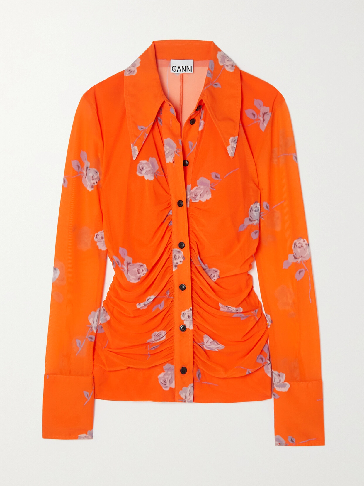 GANNI - + Net Sustain Ruched Floral-print Stretch Recycled-mesh Shirt - Orange