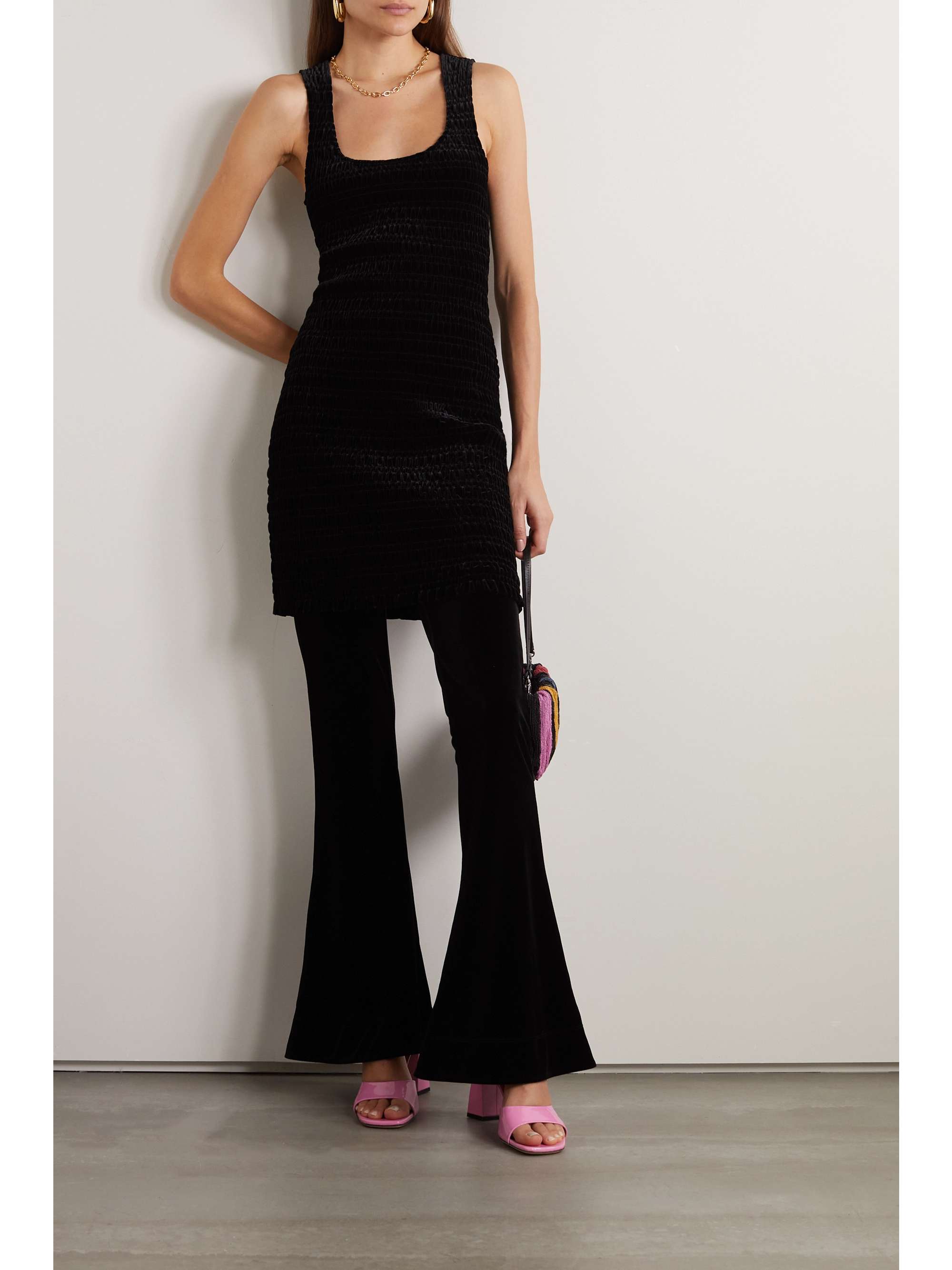 GANNI Smocked stretch recycled-velvet mini dress