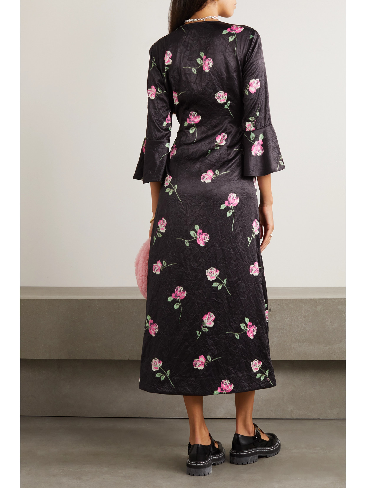 GANNI + NET SUSTAIN FLORAL-PRINT CRINKLED RECYCLED DUCHESSE-SATIN MIDI DRESS