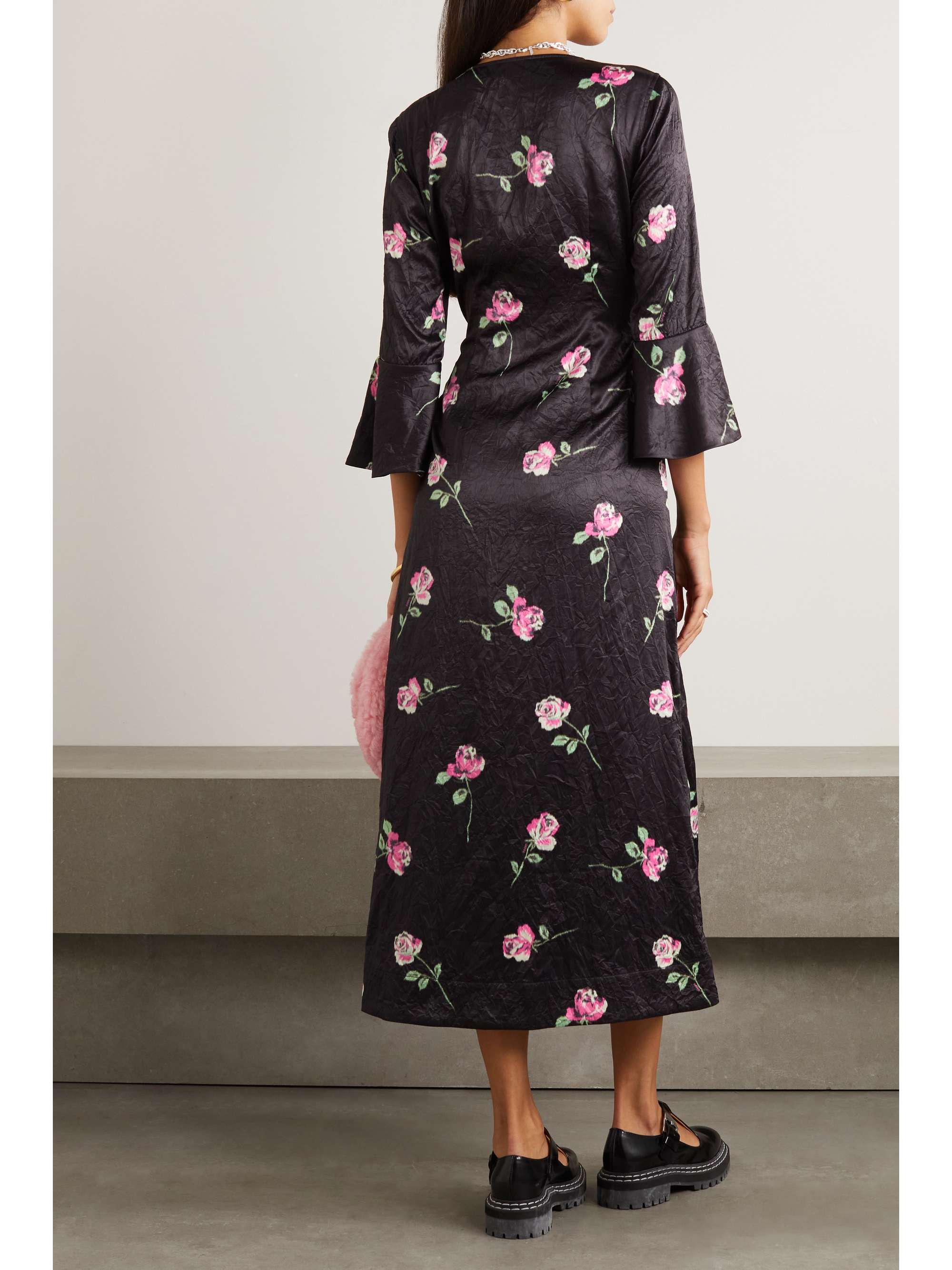 GANNI + NET SUSTAIN floral-print crinkled recycled duchesse-satin midi dress