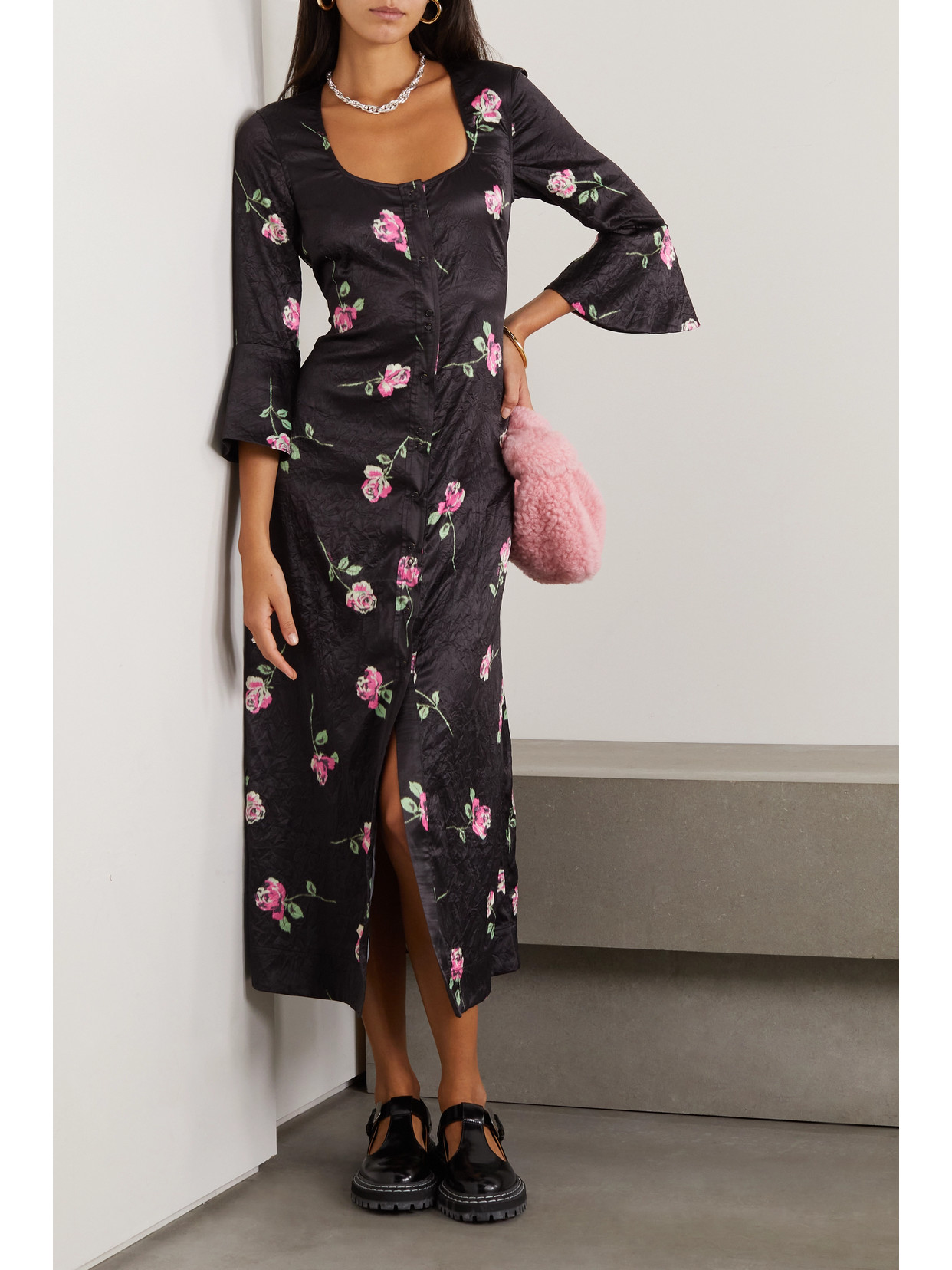 GANNI + NET SUSTAIN FLORAL-PRINT CRINKLED RECYCLED DUCHESSE-SATIN MIDI DRESS