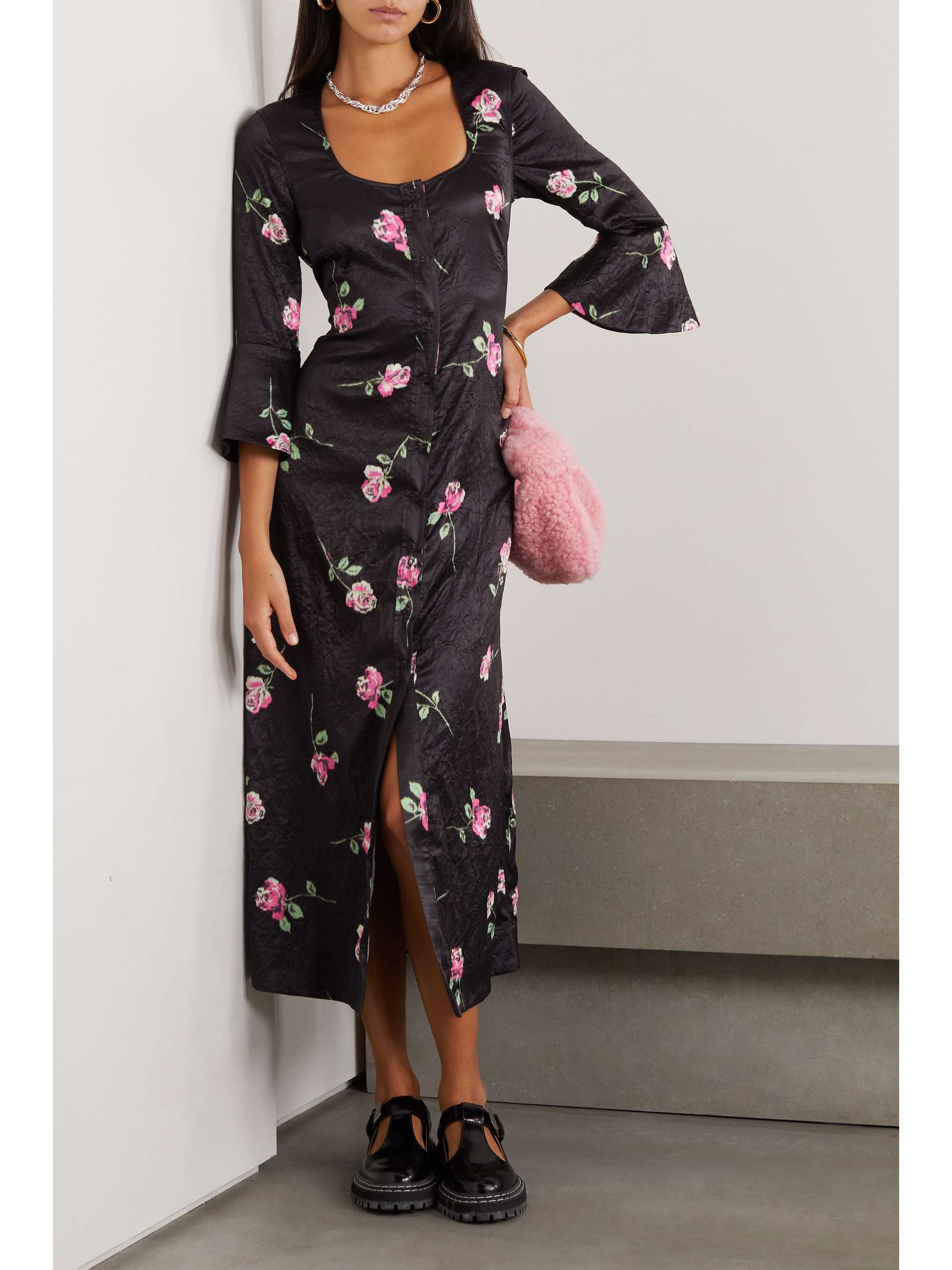 GANNI + NET SUSTAIN floral-print crinkled recycled duchesse-satin midi dress