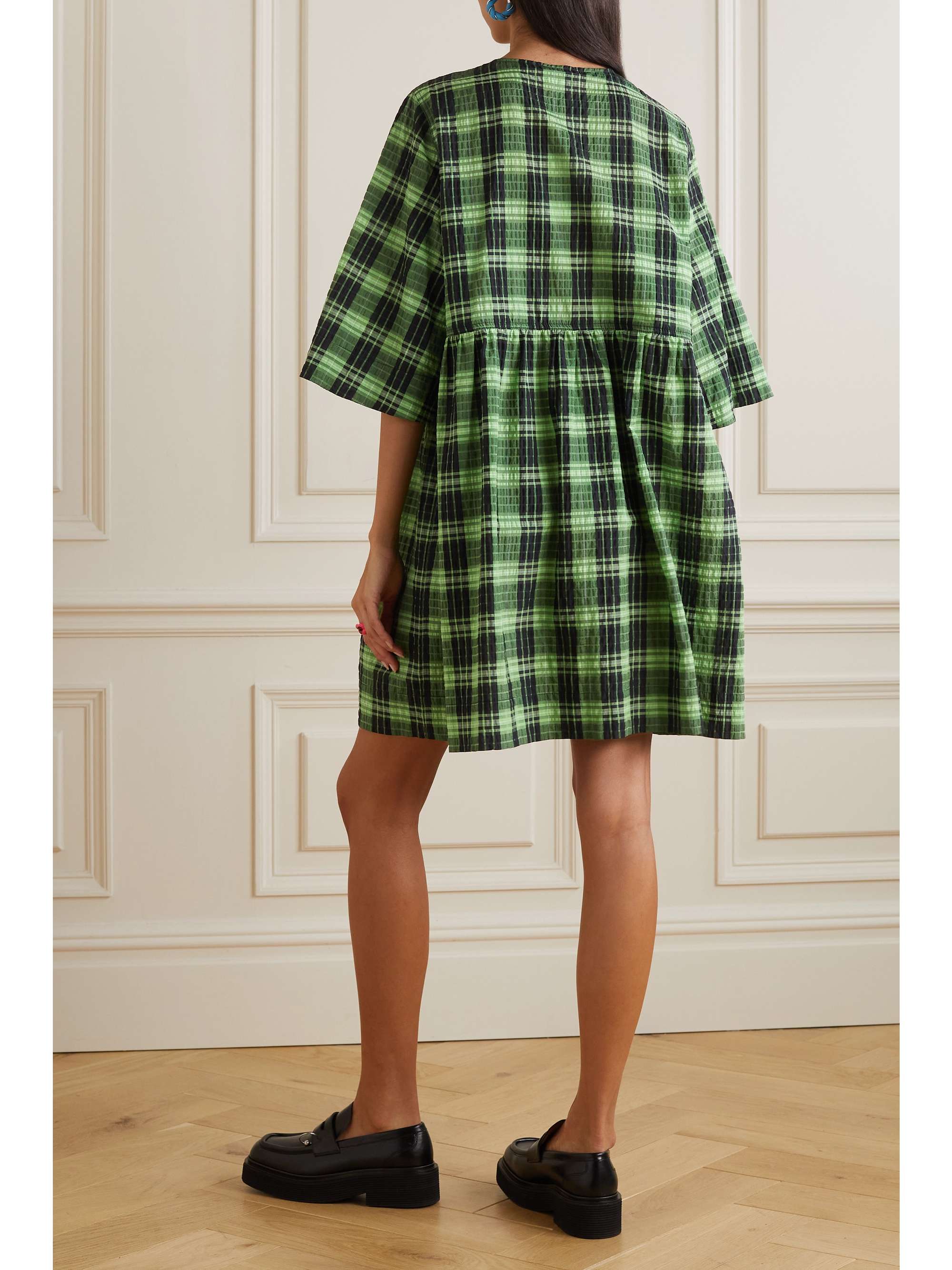 GANNI + NET SUSTAIN Checked organic seersucker mini dress