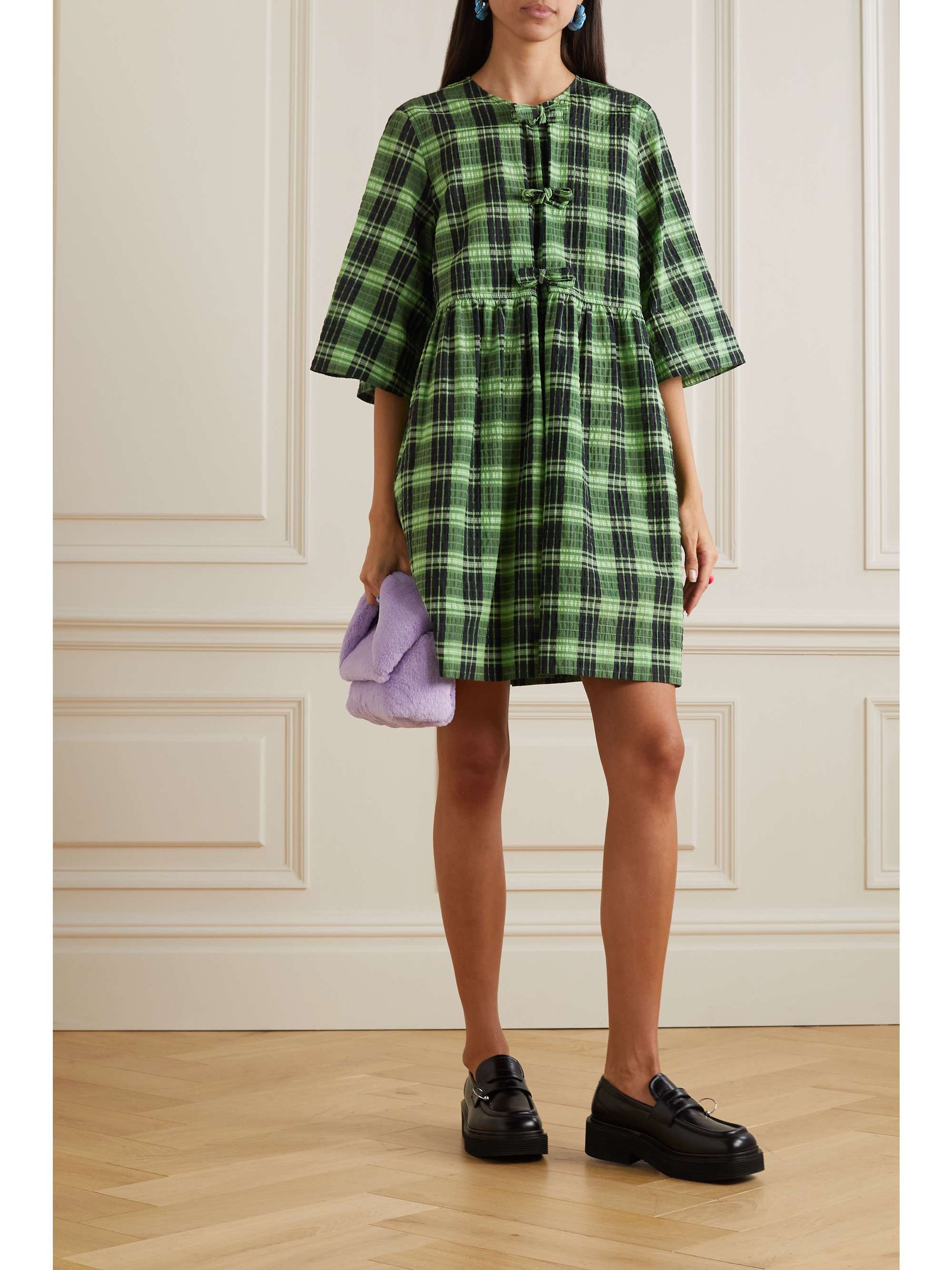 GANNI + NET SUSTAIN Checked organic seersucker mini dress