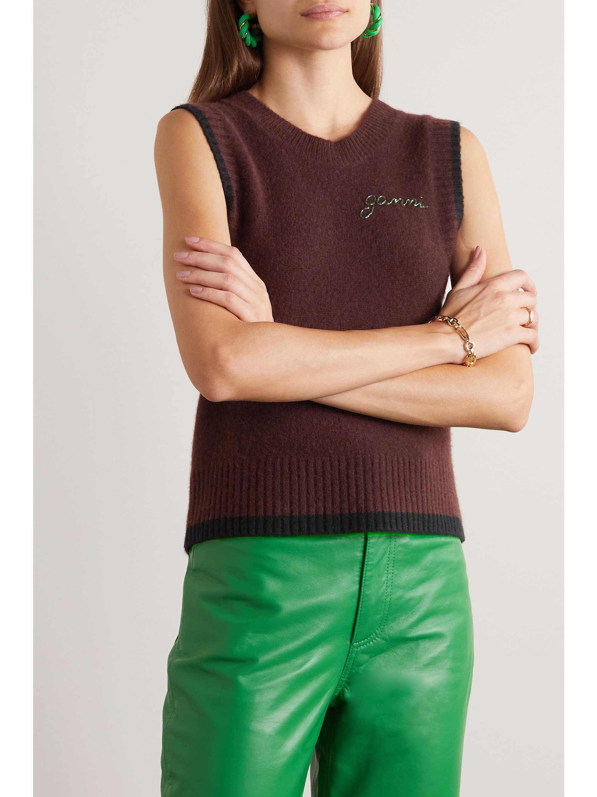 GANNI + NET SUSTAIN Embellished two-tone merino wool and cashmere-blend vest