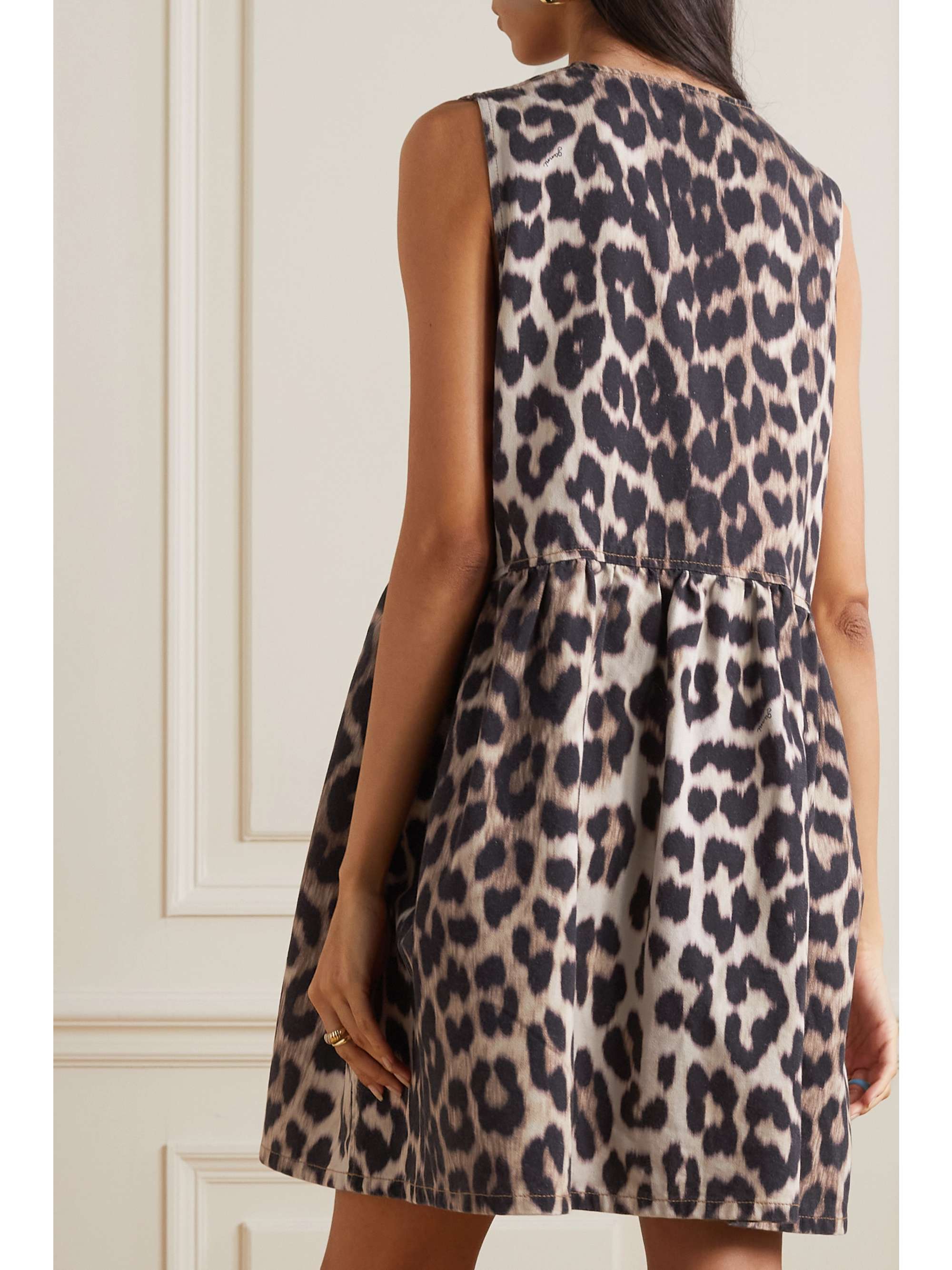 GANNI + NET SUSTAIN bow-detailed leopard-print organic denim mini dress