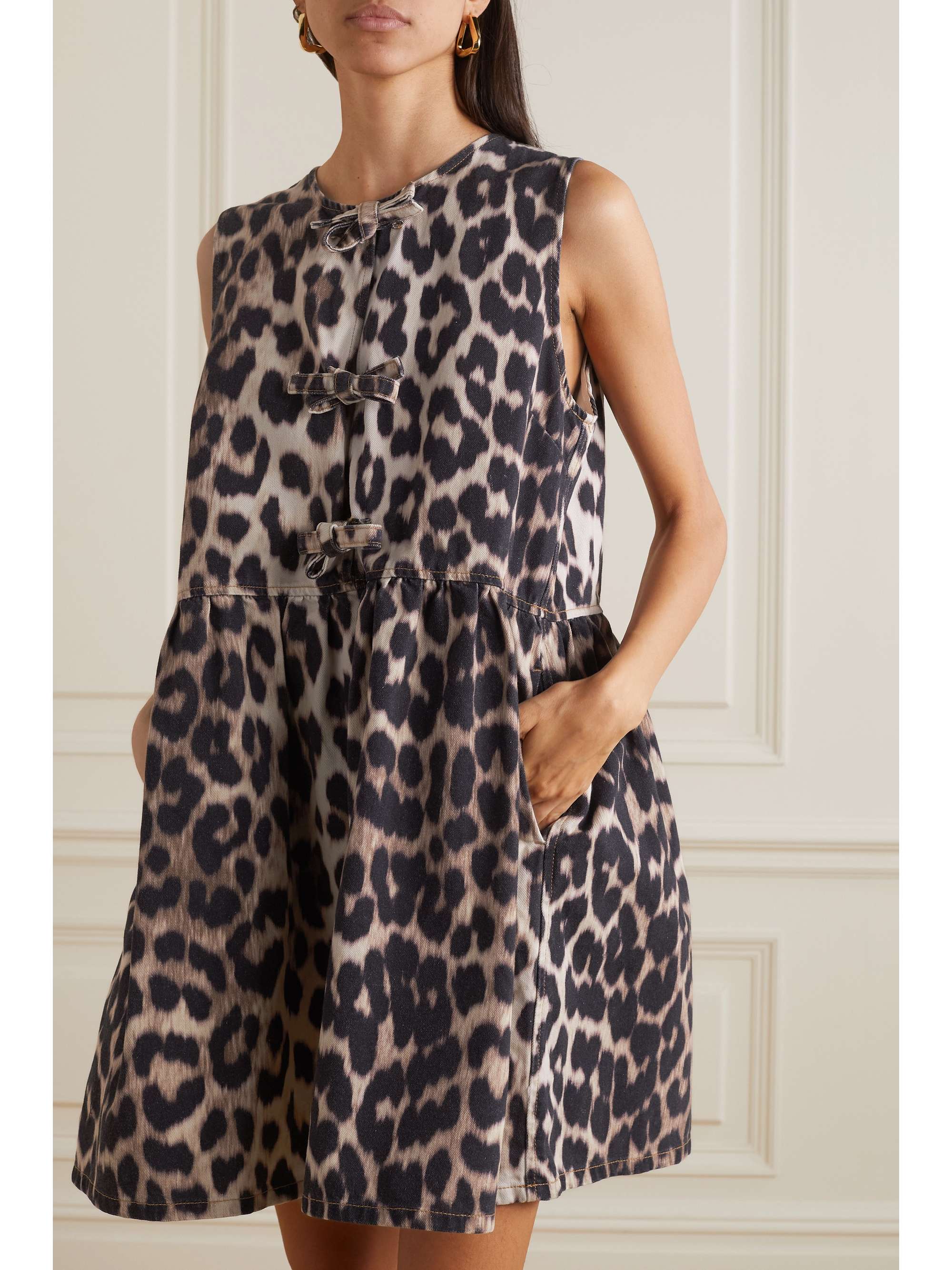 GANNI + NET SUSTAIN bow-detailed leopard-print organic denim mini dress