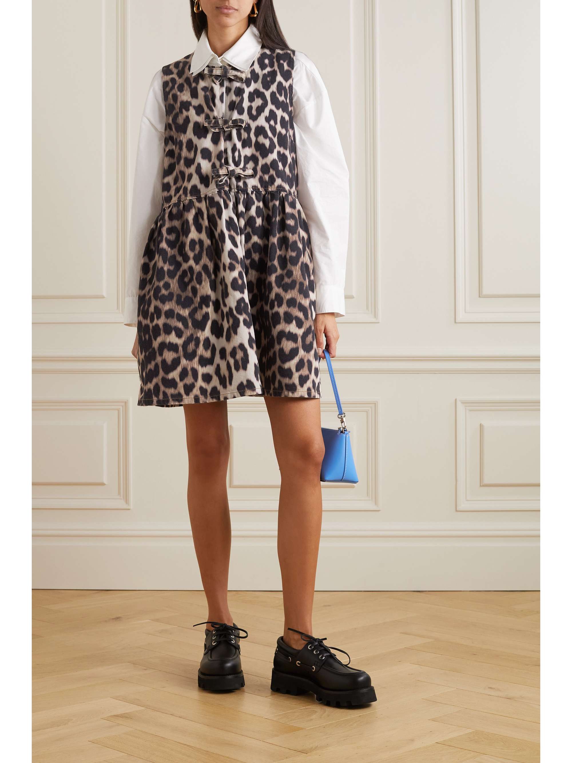 GANNI + NET SUSTAIN bow-detailed leopard-print organic denim mini dress