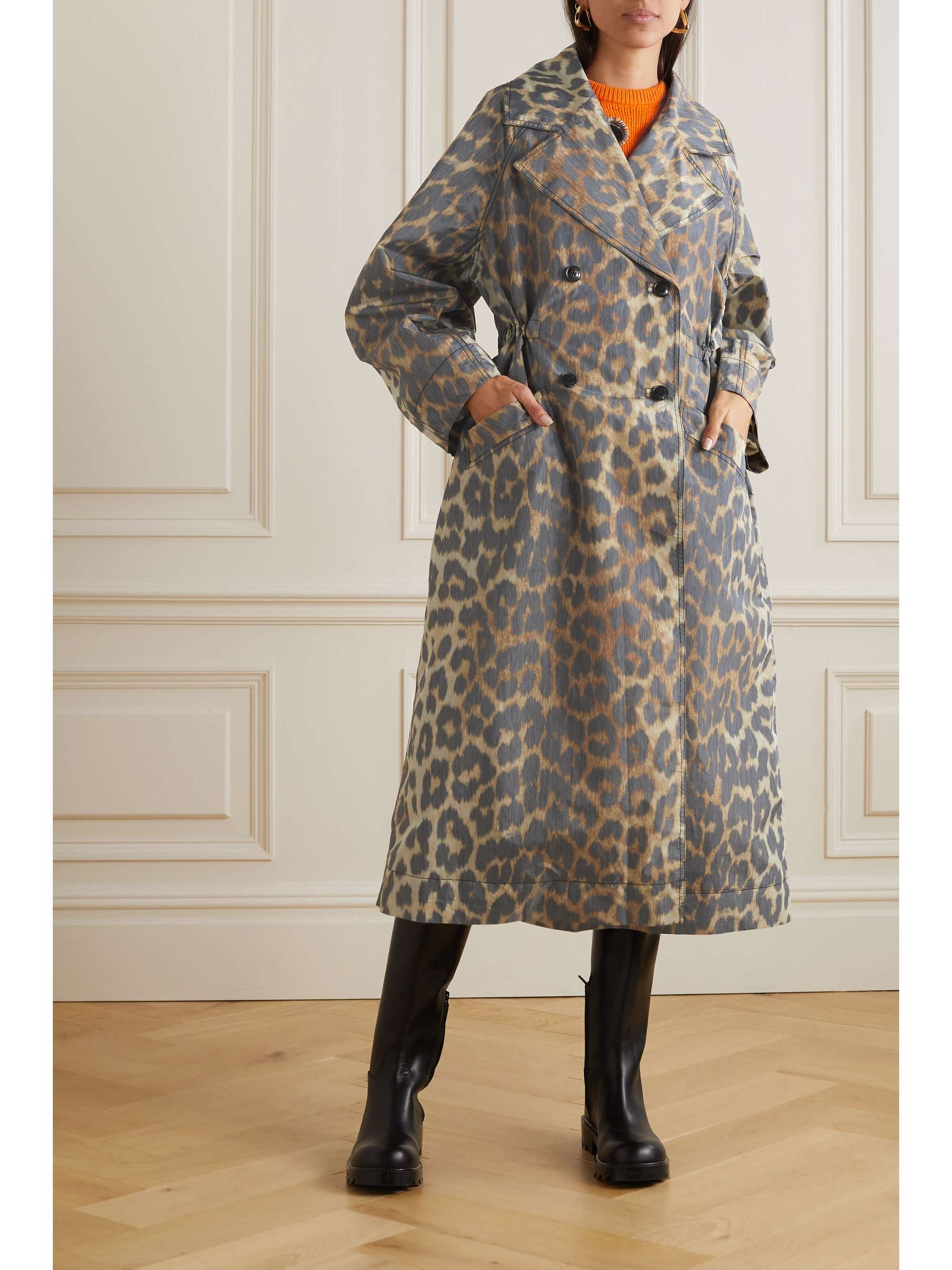 GANNI Double-breasted leopard-print recycled-shell coat
