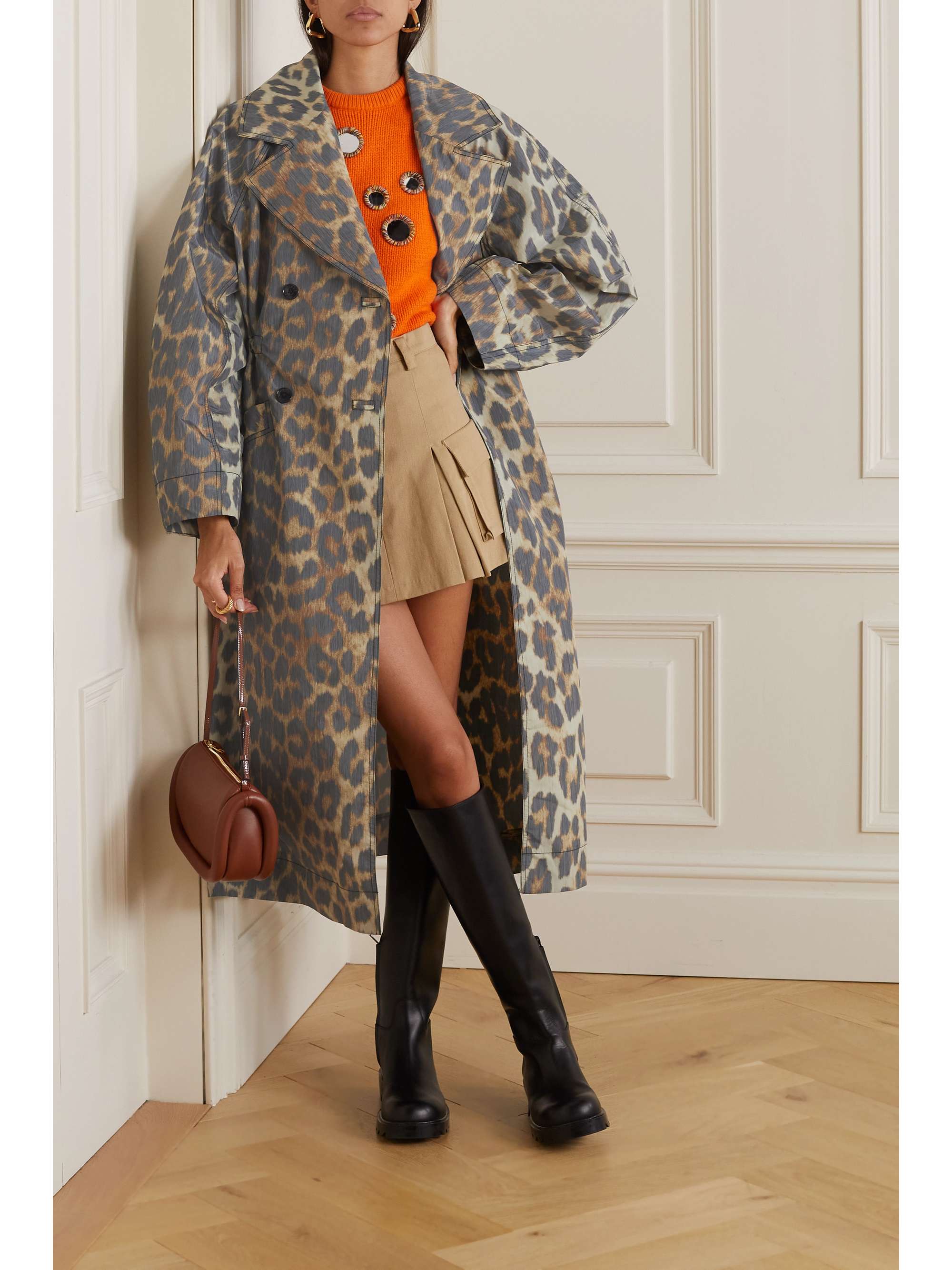 GANNI Double-breasted leopard-print recycled-shell coat