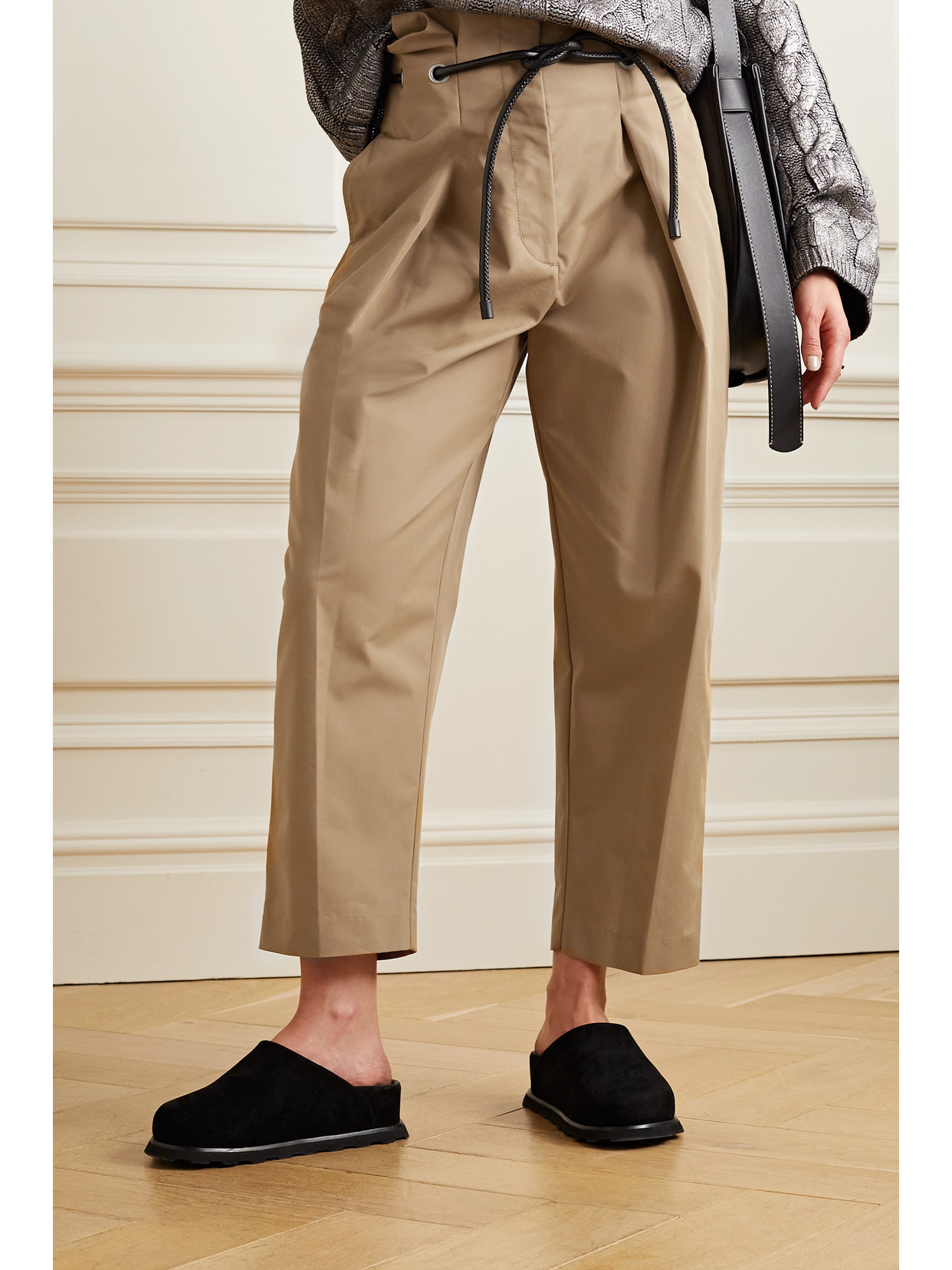 Origami Belted Pleated Cotton-blend Straight-leg Pants In Khaki