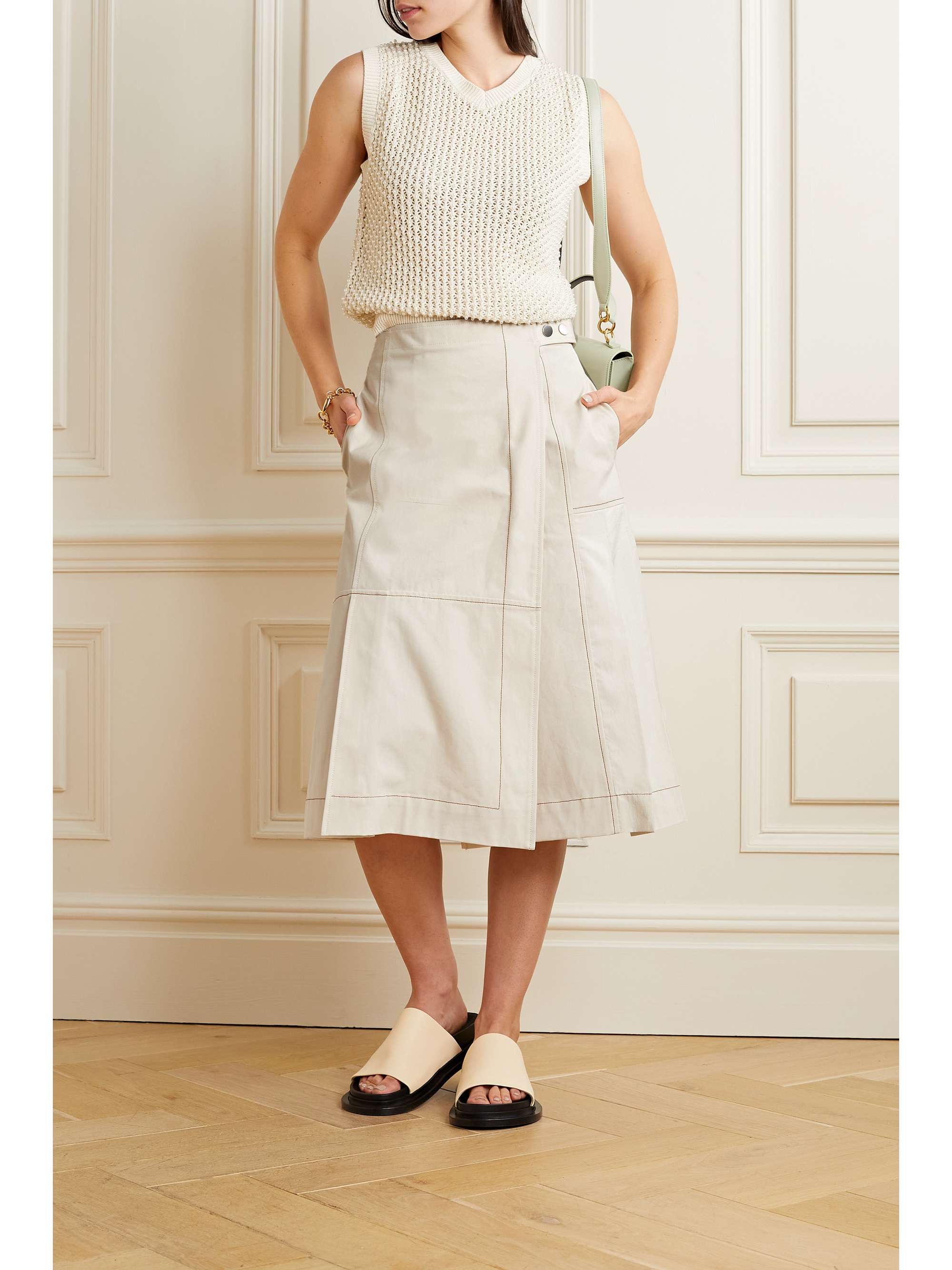 3.1 PHILLIP LIM Pleated paneled cotton-canvas and ripstop midi wrap skirt