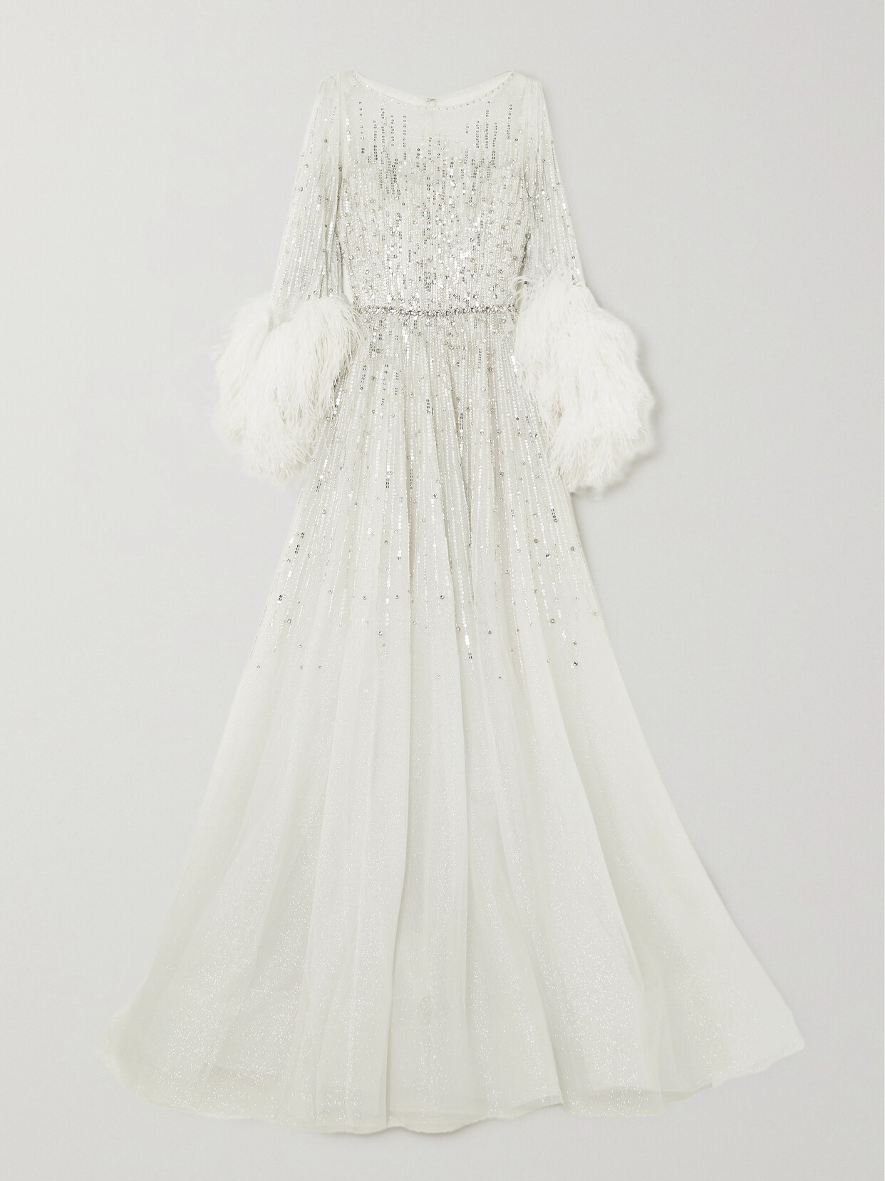 Jenny Packham - Lillian Feather-trimmed Embellished Glittered Tulle Gown - White