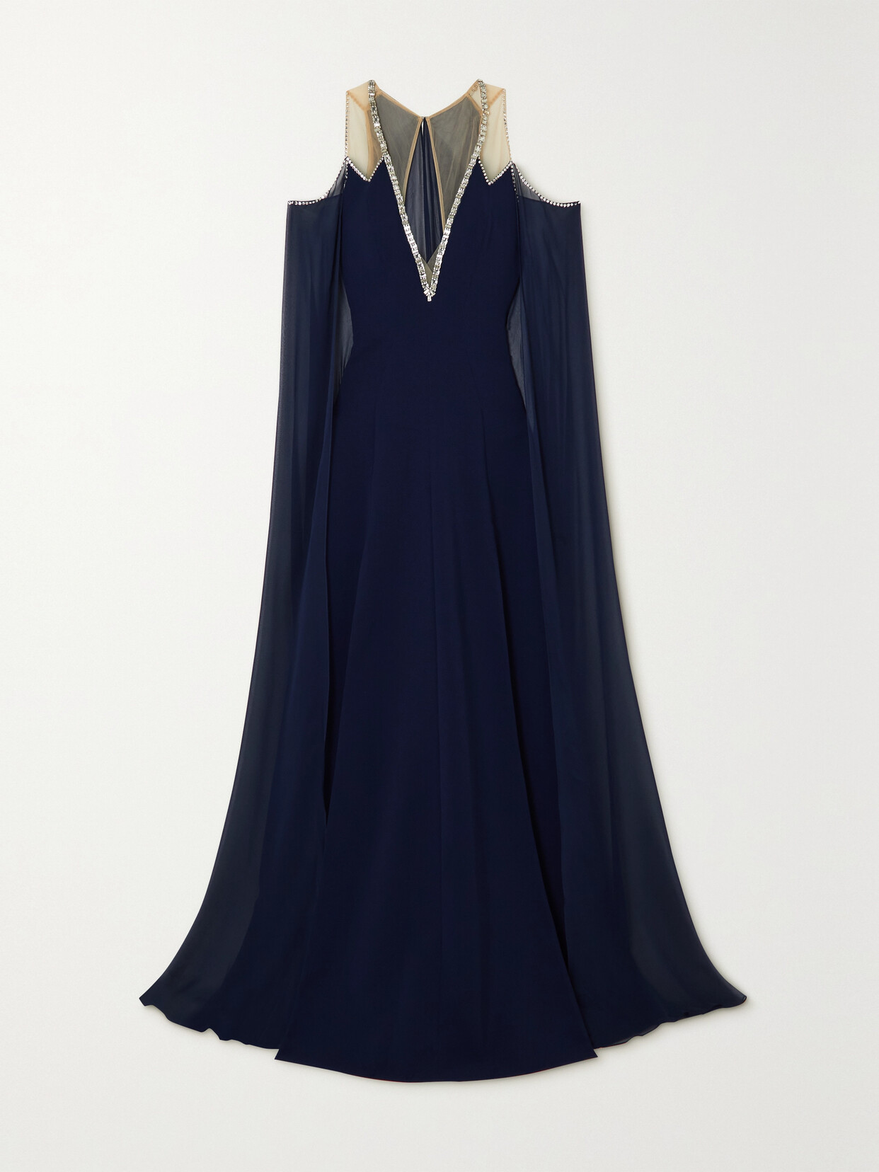 JENNY PACKHAM VIVIEN COLD-SHOULDER CAPE-EFFECT EMBELLISHED CREPE AND CHIFFON GOWN